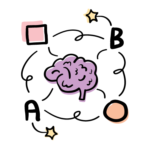 Illustration of a brain, a beaker, a salt shaker, and a small star-shaped spark.