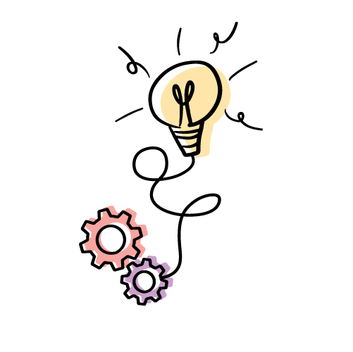 Illustration of a lightbulb above interlinked gears, representing an idea or innovation.