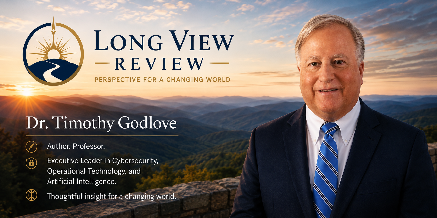 A professional headshot of Dr. Timothy Godlove in front of a mountain landscape at sunset, with text promoting a review of his work titled "Long View Review".