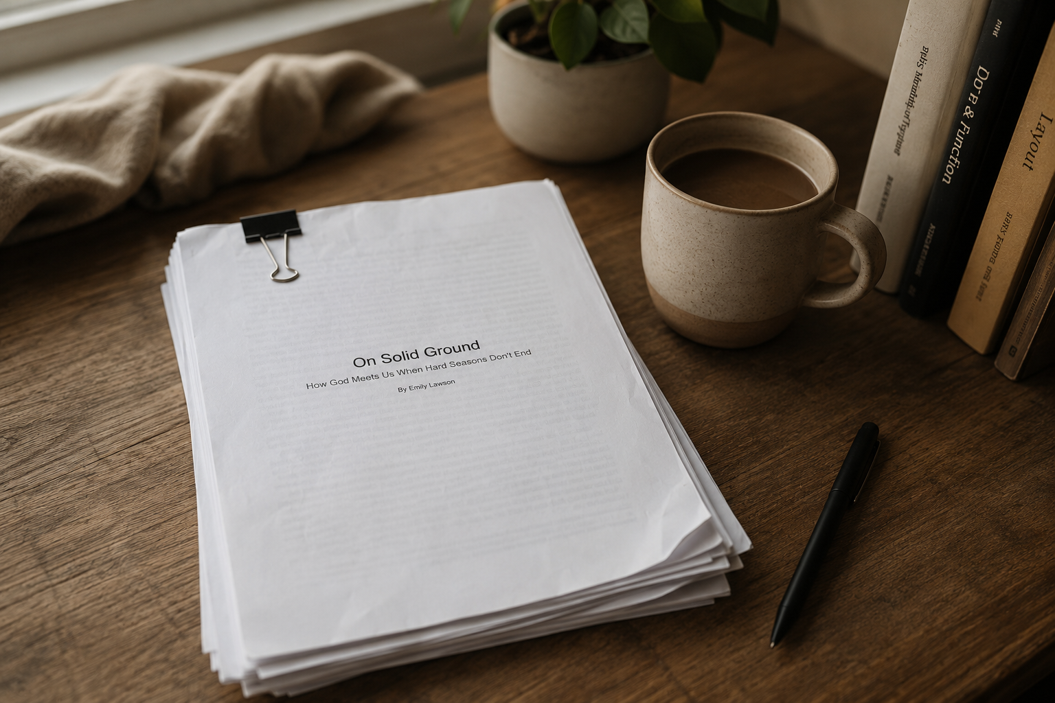 A wooden desk with a stack of papers marked 'On Solid Ground' by Emily Lawson, a black pen, a beige ceramic coffee mug filled with coffee, a potted plant, a beige cloth, and a row of books.
