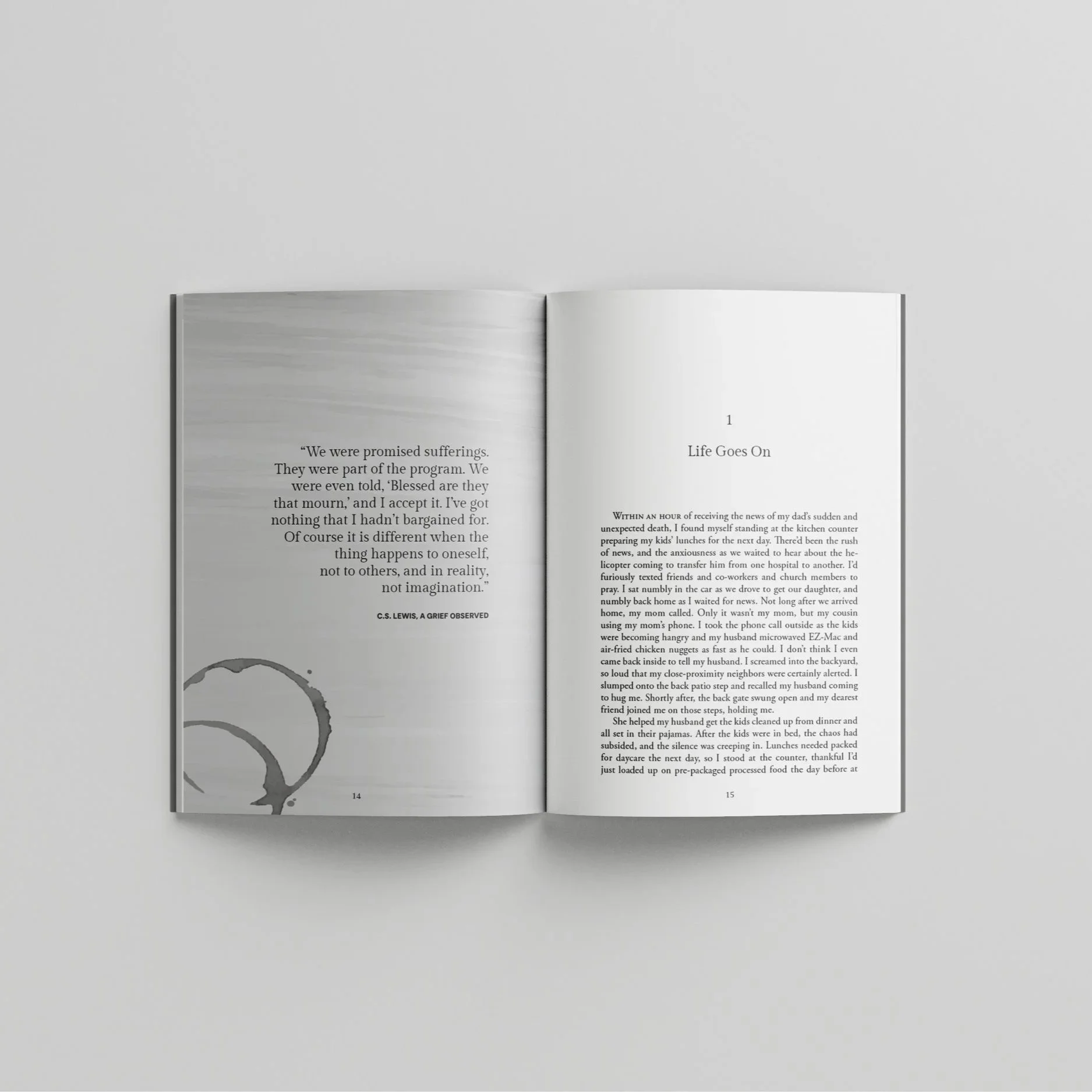 Open book spread on a white surface, featuring pages with text and a partially visible gray circle on the left page.