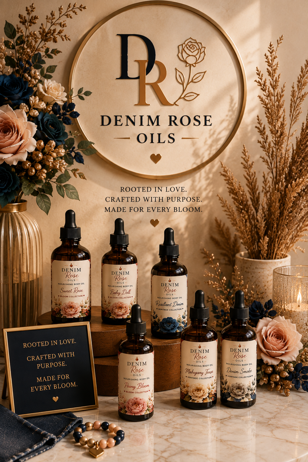 Display of Denim Rose oils with floral decorations and signage reading 'Rooted in love. Crafted with purpose. Made for every bloom.'