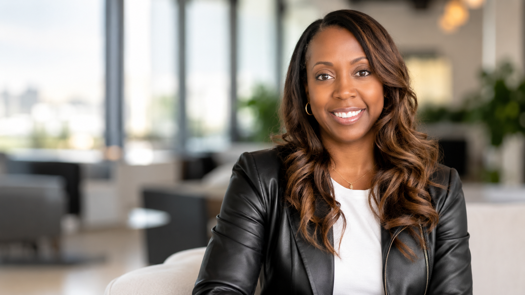 Portrait of a confident woman with curly hair and a bright smile, wearing a black leather jacket and white shirt, in a modern office setting.