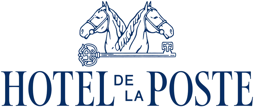 Logo of Hotel de la Poste featuring two horses facing each other with a ball between them.
