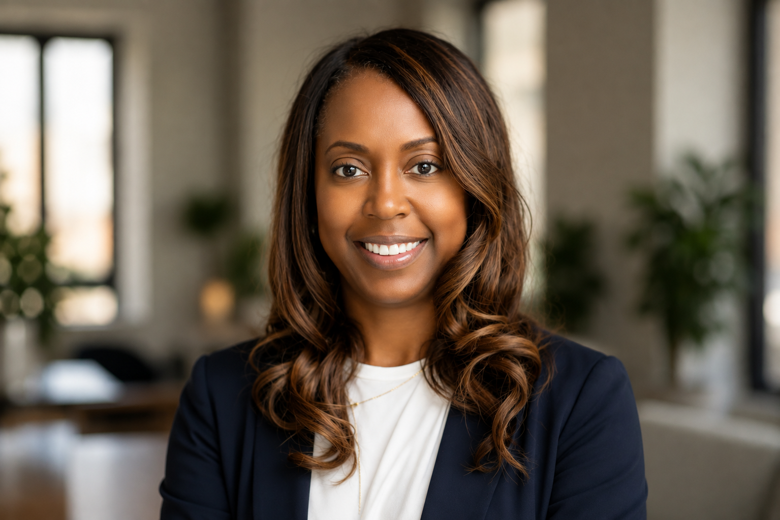 A smiling African American woman with wavy brown hair in a professional setting, wearing a navy blazer and white top.
