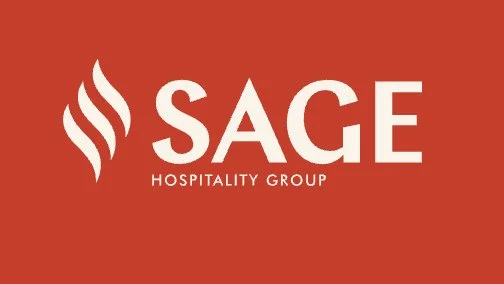 SAGE Hospitality Group logo with three wavy lines on a red background.