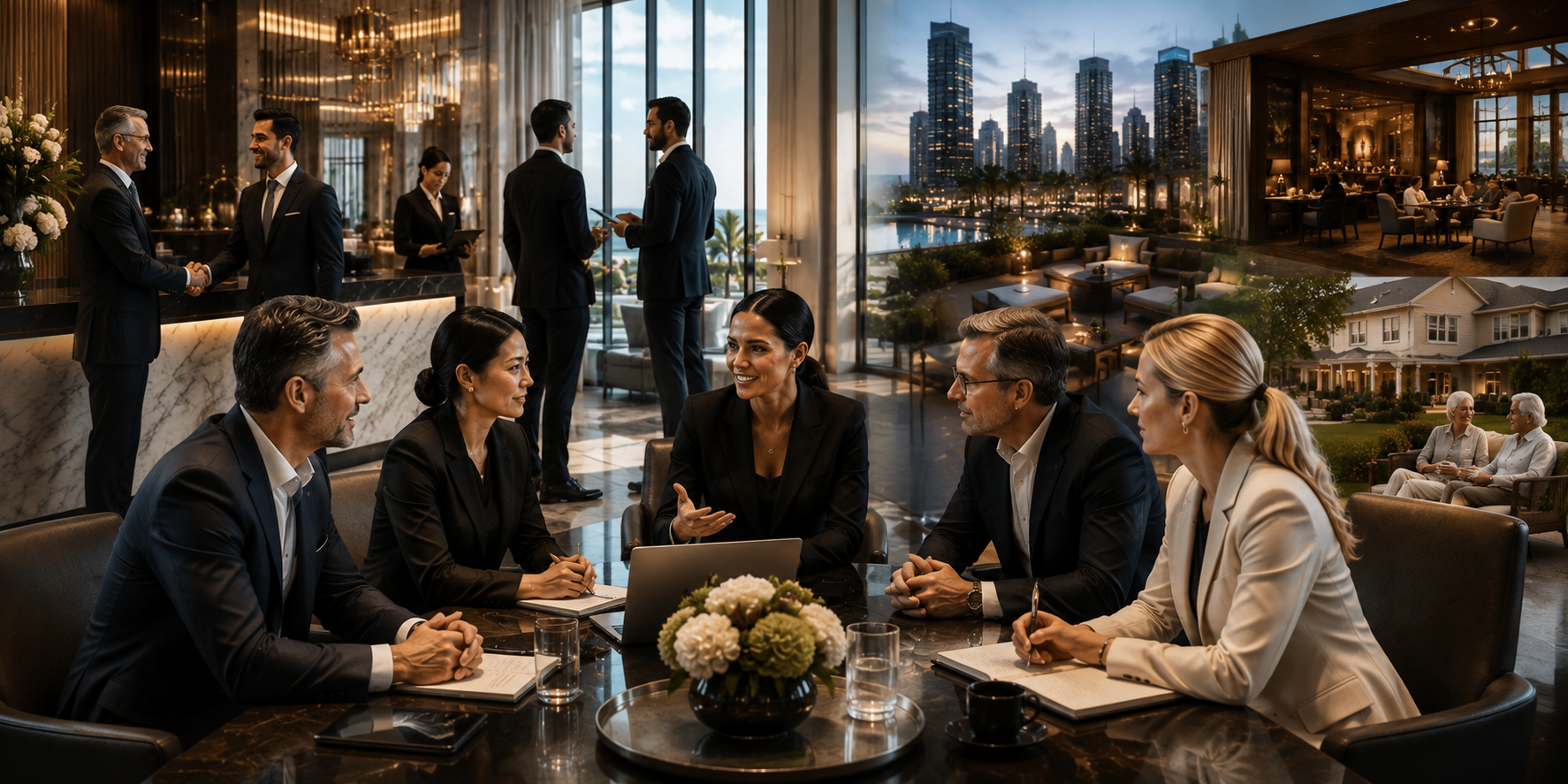 A diverse group of business professionals in a meeting room, sitting around a table with a laptop and notebooks, engaging in a discussion. The background shows large windows with city views and daylight.