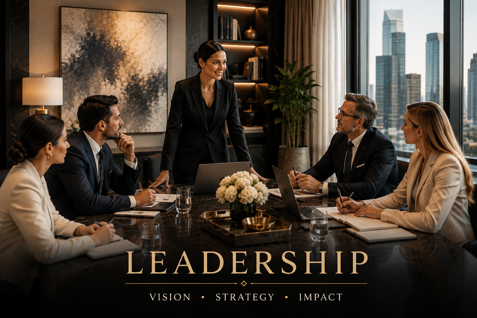 A woman standing at a conference table leading a business meeting with five colleagues, in a modern office with city skyline views.