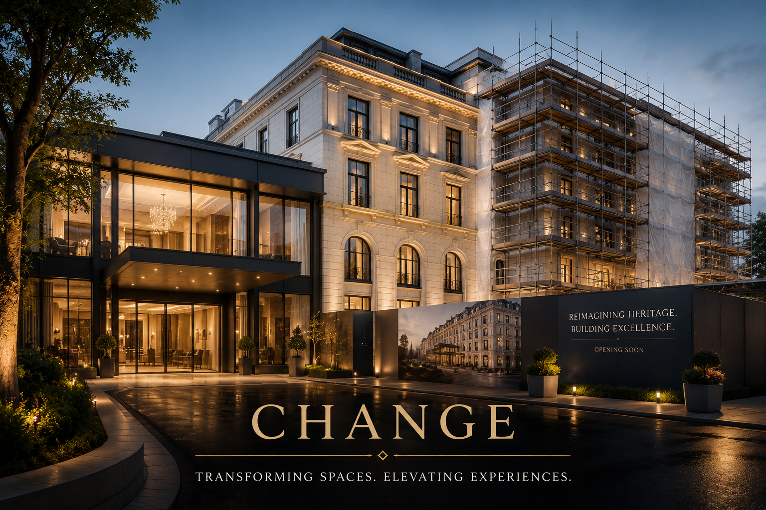 A luxury building under construction with scaffolding on the right side, and a completed modern section with large glass windows on the left. The scene is illuminated at dusk, with potted plants and landscaping at the entrance, and a sign that reads 'Reimagining Heritage. Building Excellence. Opening Soon.' The word 'CHANGE' is prominently displayed at the bottom, with the tagline 'Transforming Spaces. Elevating Experiences.'