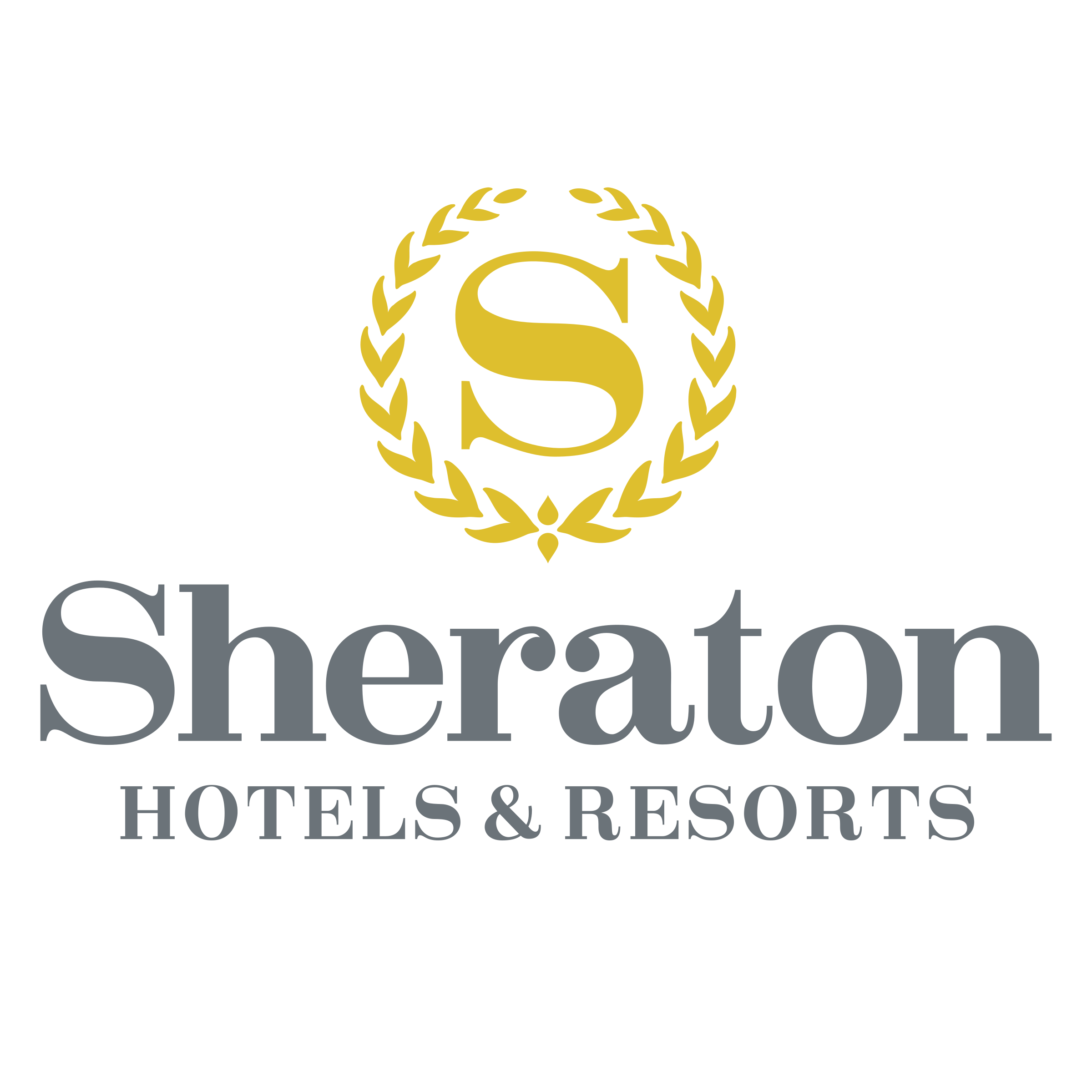 Logo for Sherlock Hotel & Resorts with a gold laurel wreath surrounding a stylized letter S, and text indicating it is a hotel and resort brand.