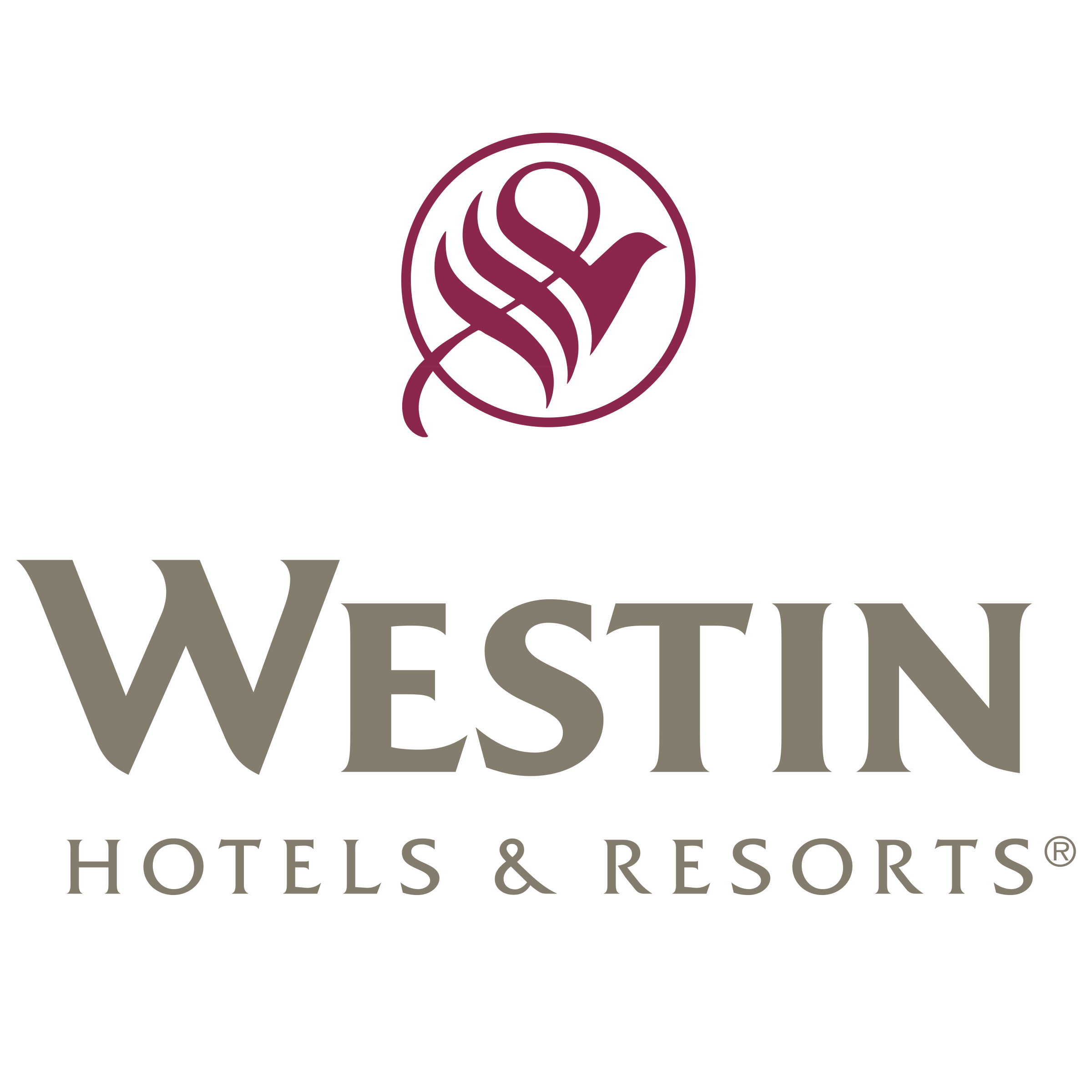 Logo for Westin Hotels & Resorts featuring a purple swan within a circle and the brand name in grey text.