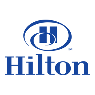 Hilton logo with blue text and emblem on a black background.