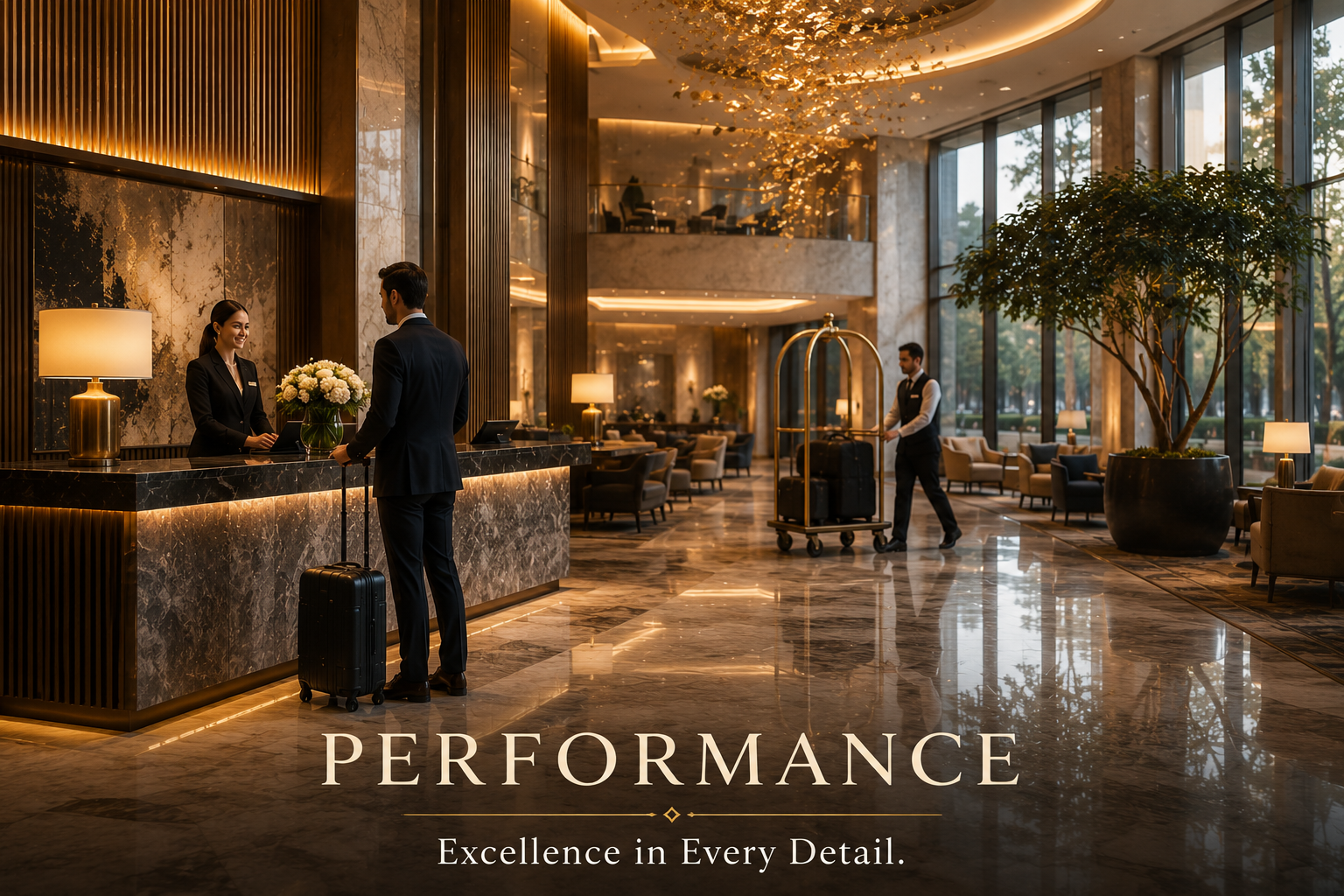 Luxurious hotel lobby with reception desk, two hotel staff assisting guests, elegant decor, large potted plant, and seating area with large windows showing trees outside.