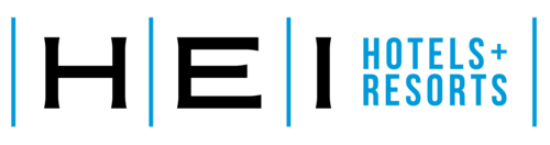 Logo for Hotels+Resorts featuring a vertical blue line, a black vertical line, and the company name in blue text.