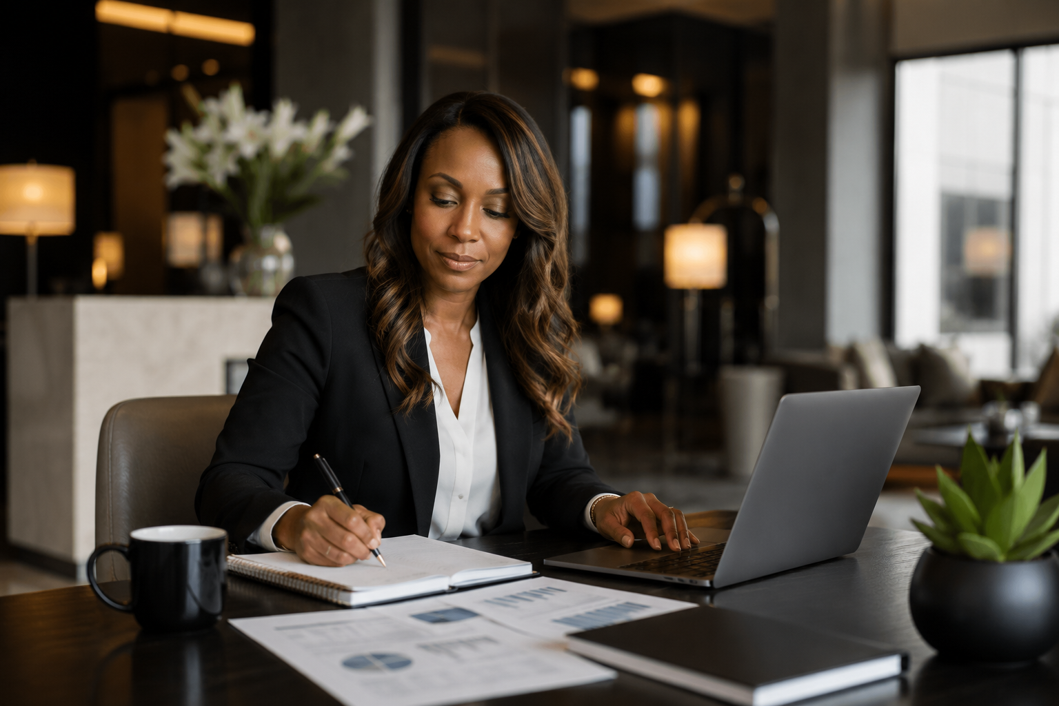 A woman in professional attire sitting at a desk in a modern office, taking notes in a notebook while working on a laptop. There are documents, a coffee mug, and a potted plant on the desk.