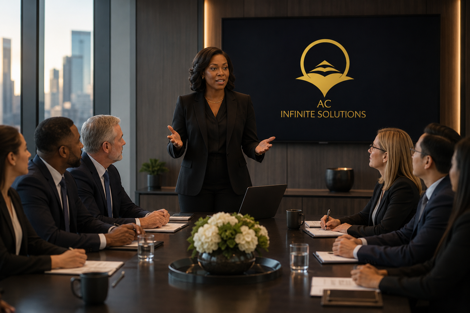 A woman in a black suit giving a presentation to a group of business professionals in a modern conference room with city skyline view. A large screen behind her displays the logo for 'AC Infinite Solutions.'