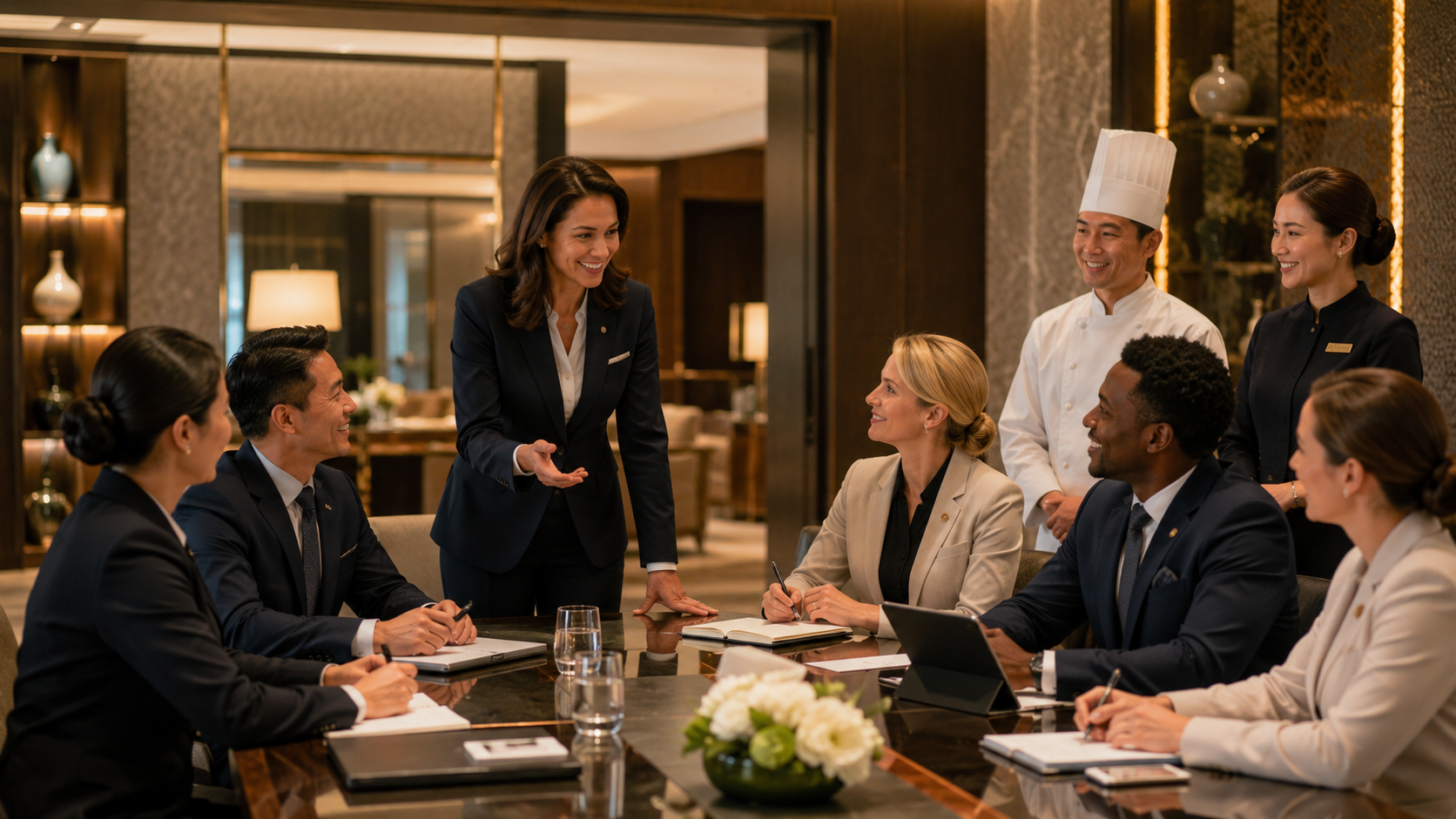 A group of professionals in business attire seated around a conference table, engaged in a discussion with a woman standing and speaking. Two staff members in chef and service uniforms stand in the background, smiling.