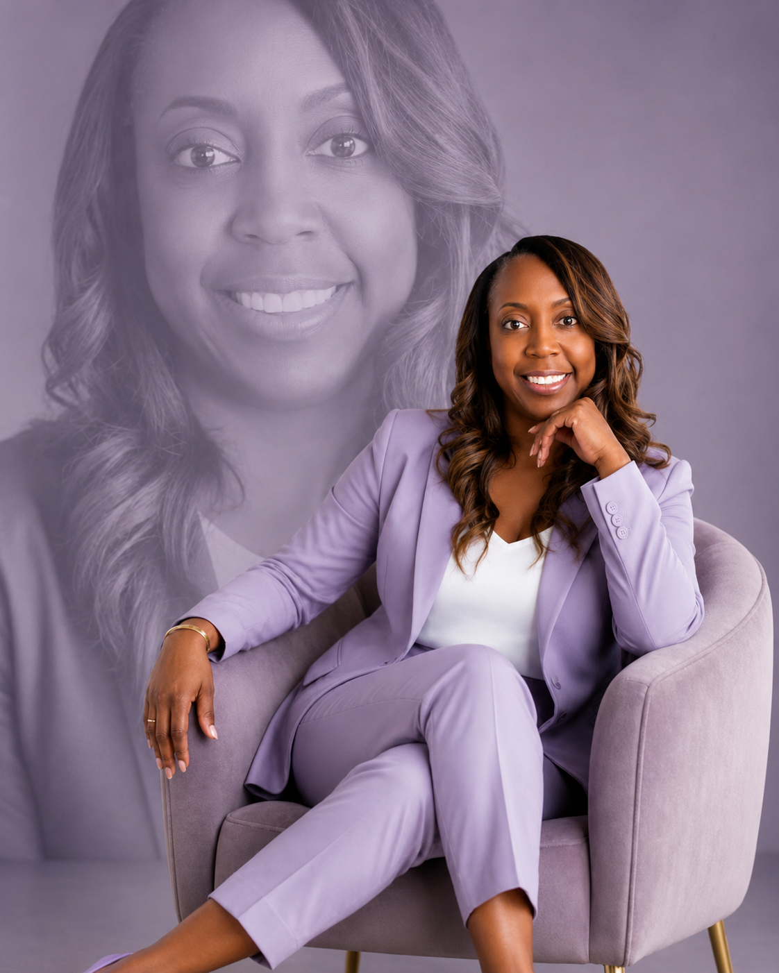 A woman with long, wavy brown hair, wearing a light purple suit and white top, sitting in a lavender chair with a large, semi-transparent portrait of her smiling face in the background.