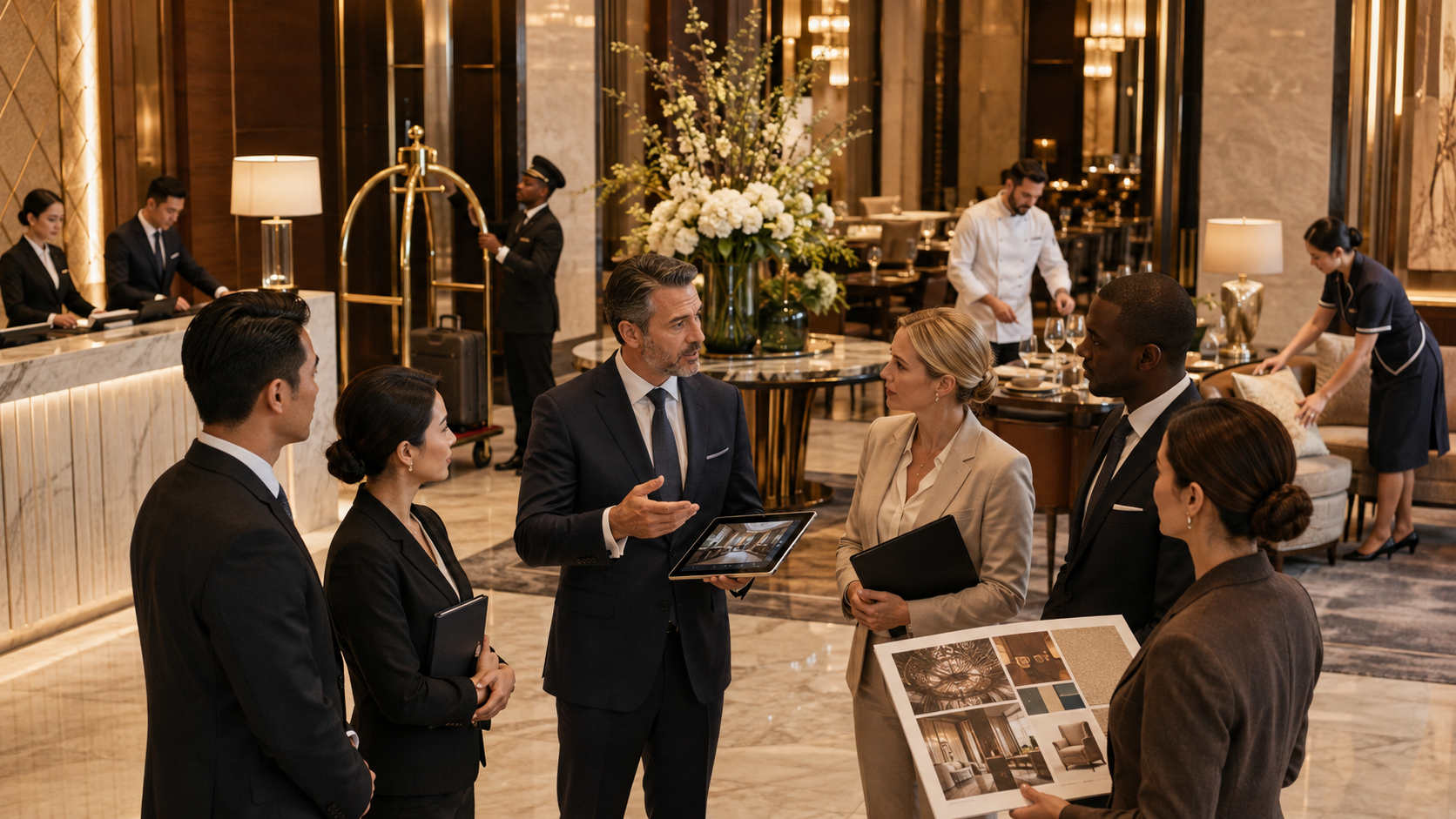Hotel staff having a meeting in a luxurious lobby with a large flower arrangement, a check-in counter, and staff preparing rooms in the background.