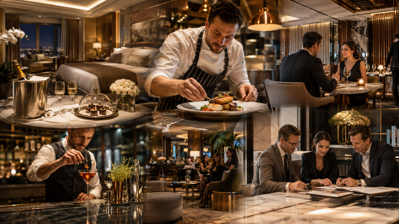Luxury restaurant with elegantly dressed patrons dining, a chef preparing a plated dish, and a bartender garnishing a cocktail in a refined, warm-lit interior.
