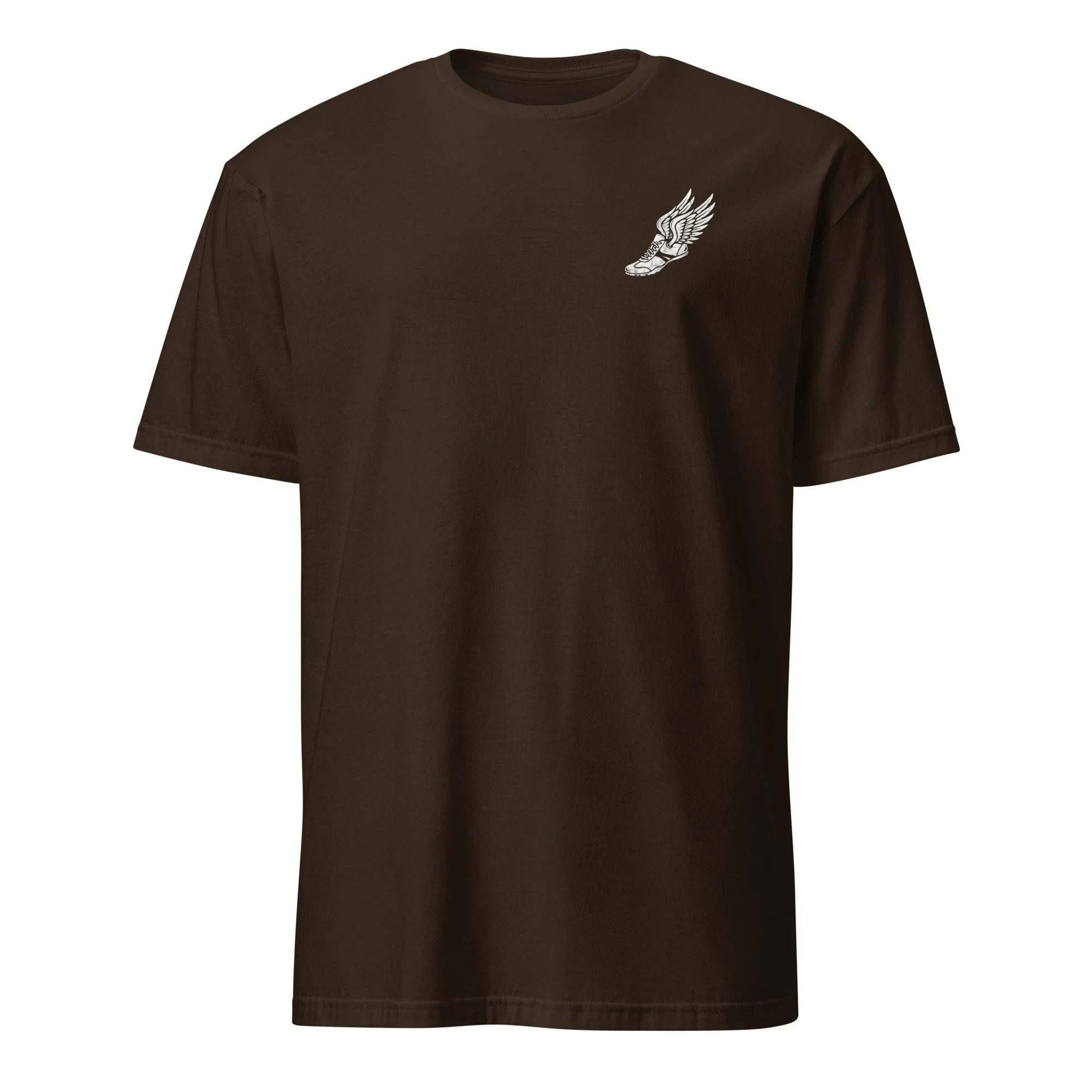 Corinth Christian Track Team shirt in dark chocolate, front view