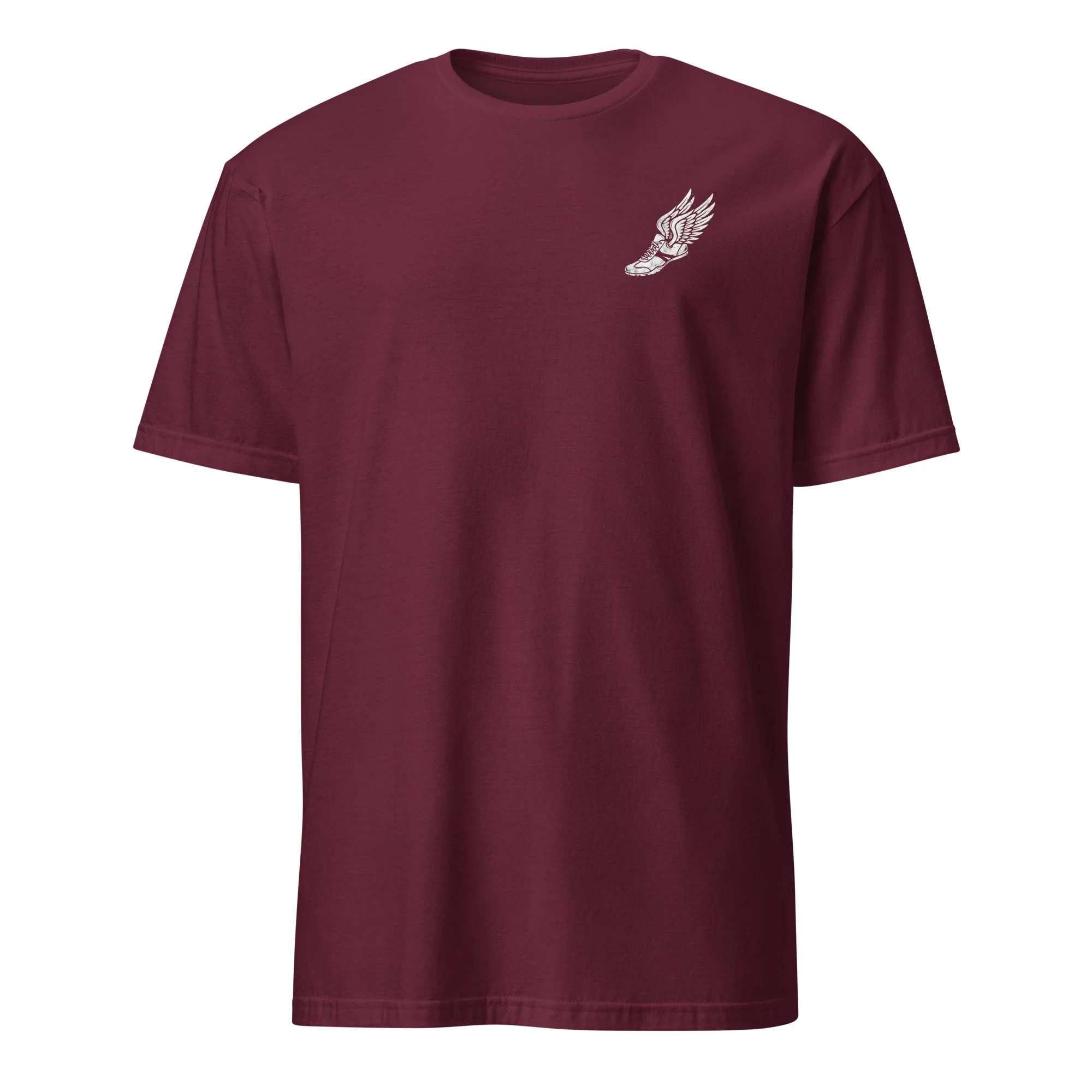 Corinth Christian Track Team shirt in maroon, front view
