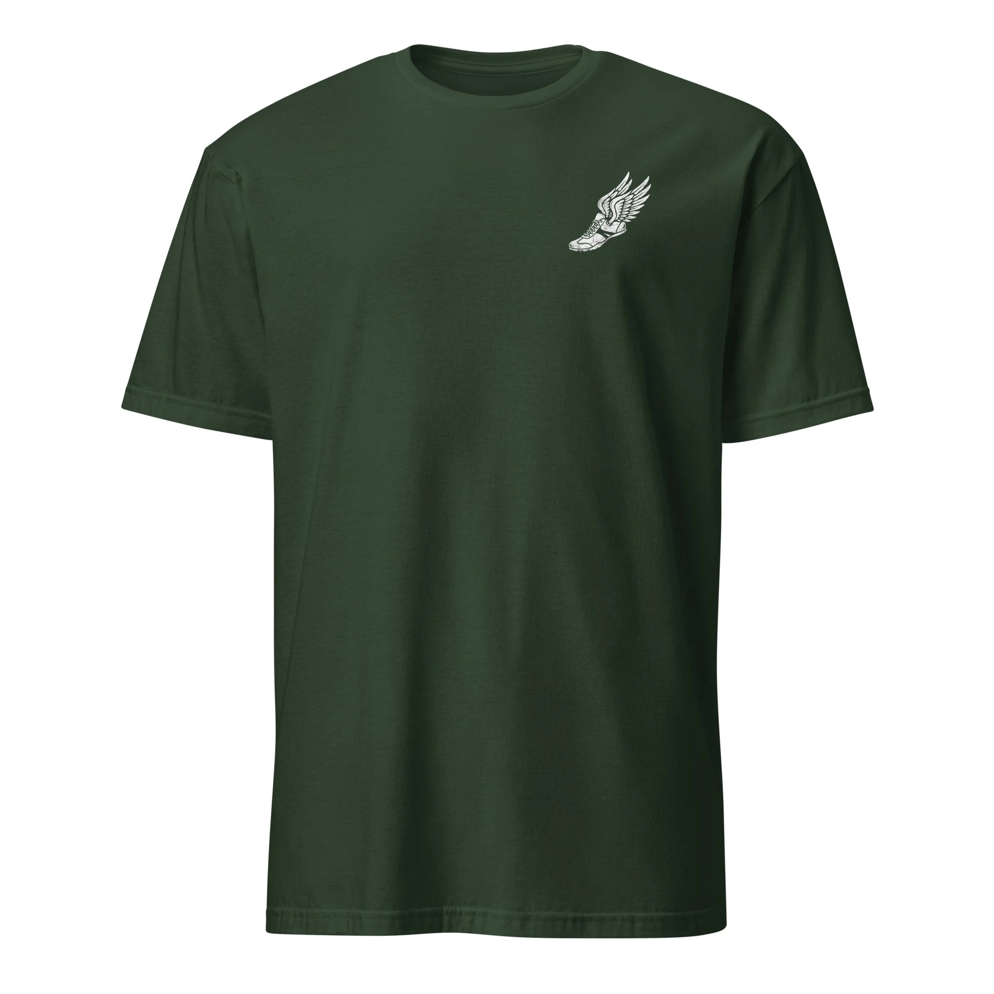 Corinth Christian Track Team shirt in forest green, front view