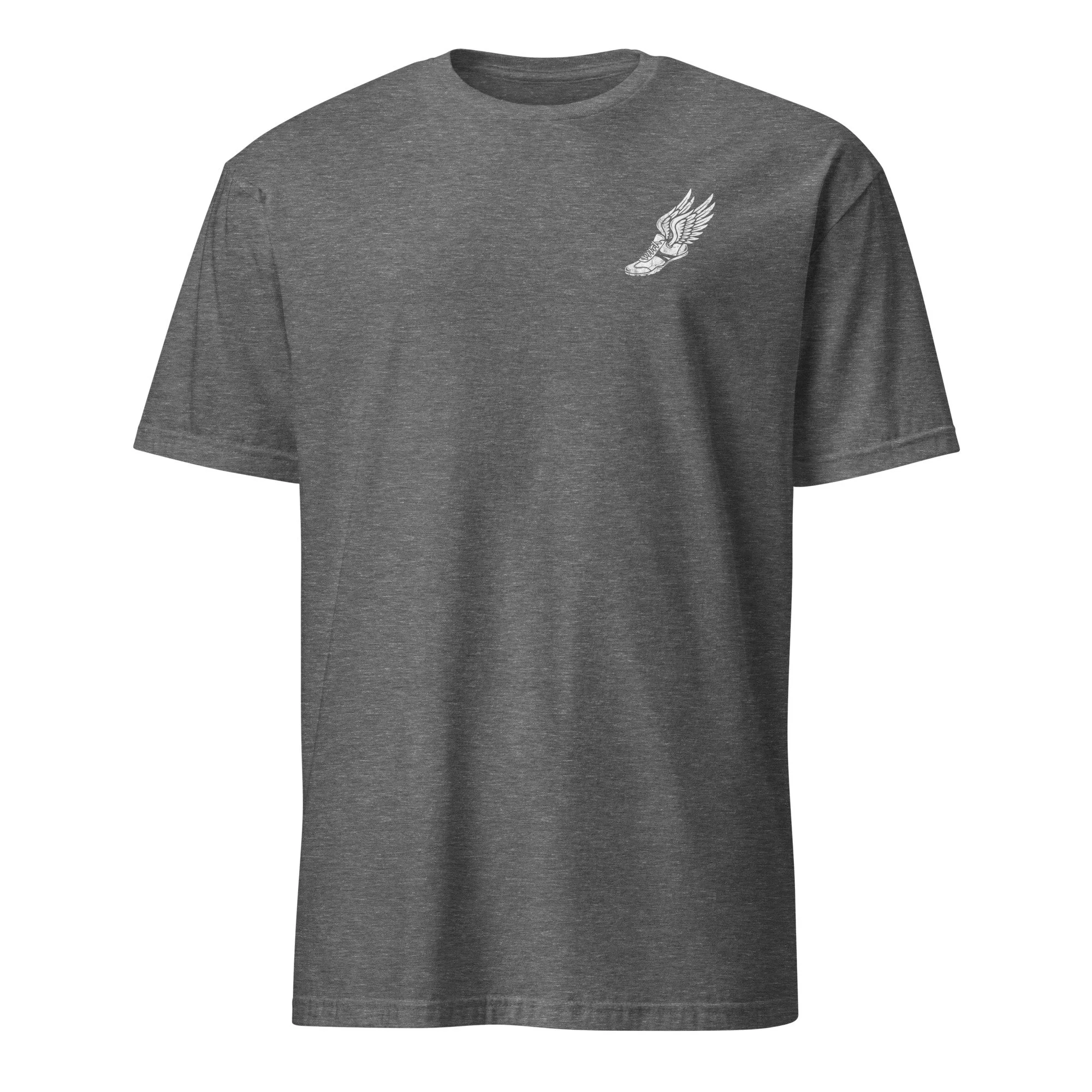 Corinth Christian Track Team shirt in graphite heather, front view