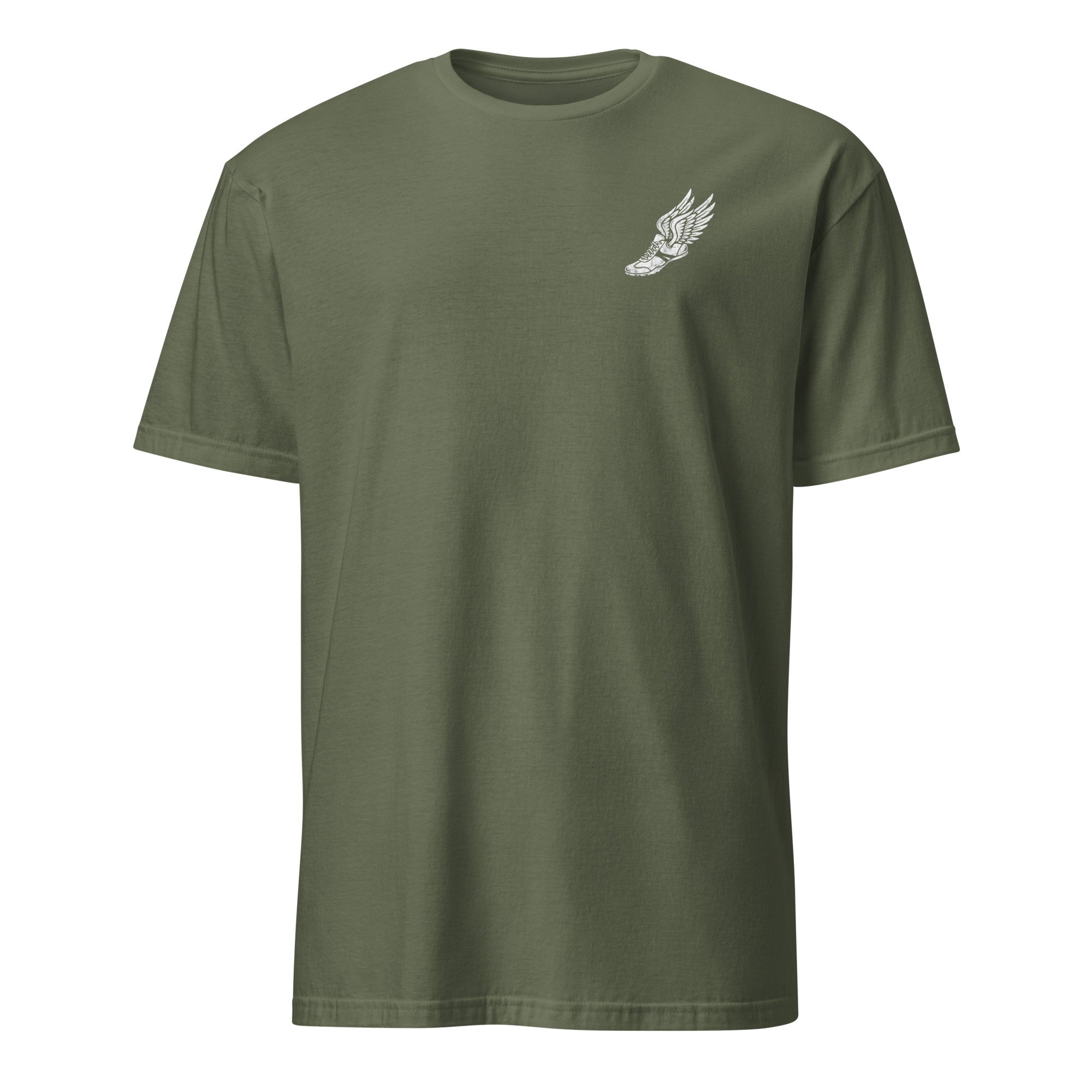 Corinth Christian Track Team shirt in military green, front view