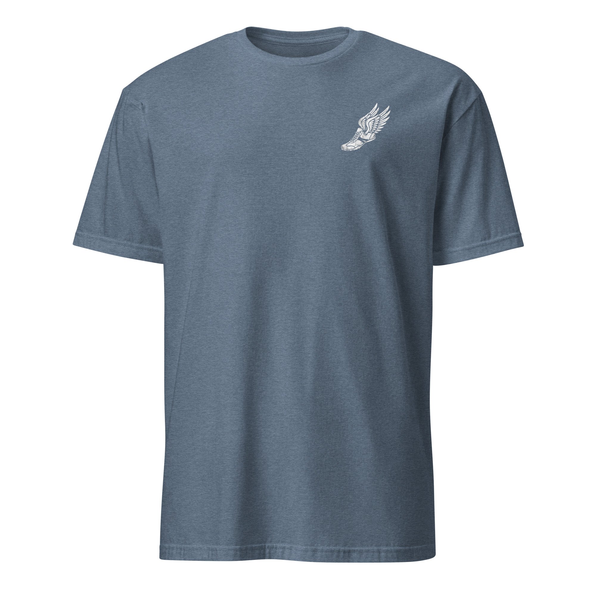 Corinth Christian Track Team shirt in heather indigo, front view