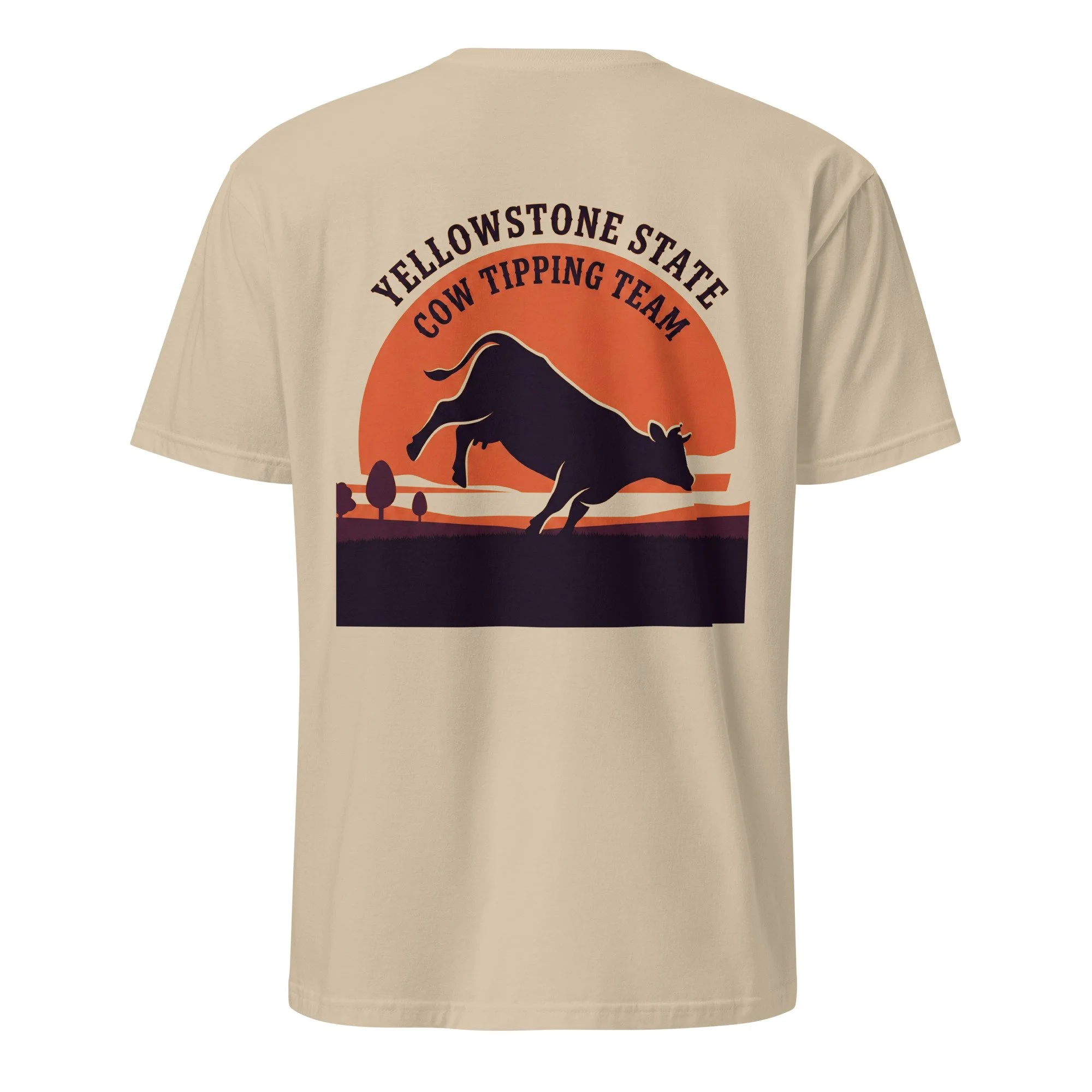 Sand western shirt with Yellowstone State Cow Tipping Team design, bucking cow at sunset, back view