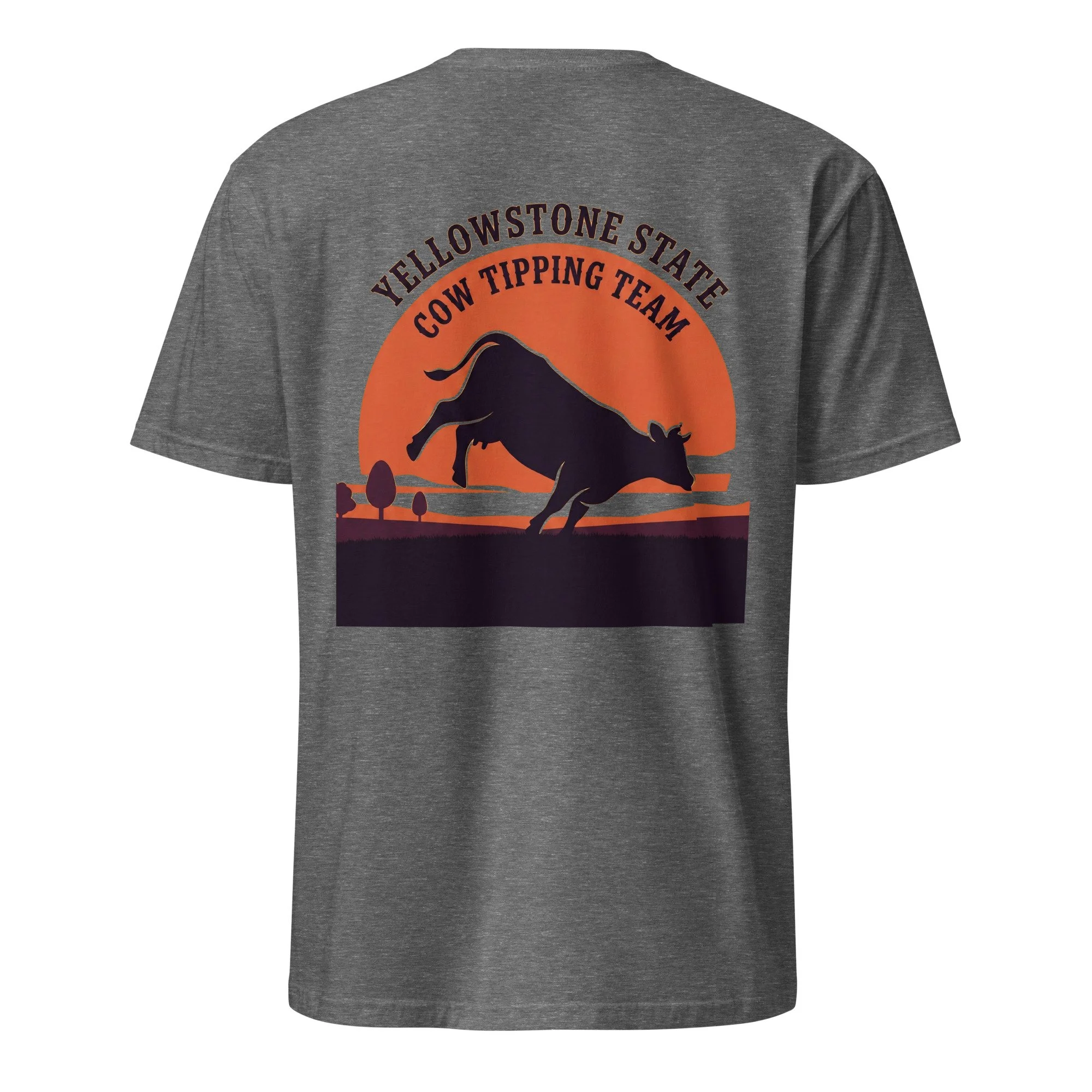 Graphite heather western shirt with Yellowstone State Cow Tipping Team design, bucking cow at sunset, back view
