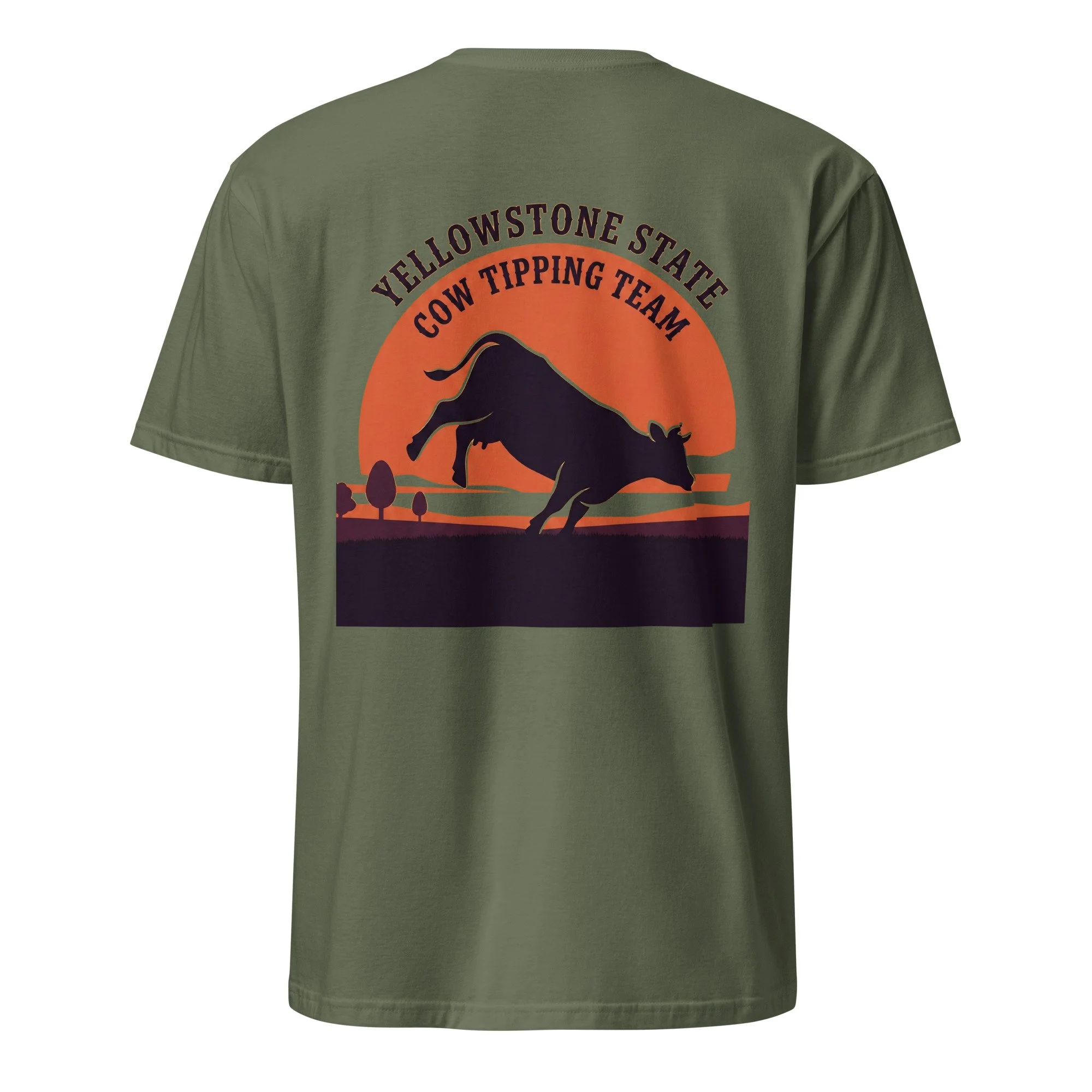 Military green western shirt with Yellowstone State Cow Tipping Team design, bucking cow at sunset, bacl view