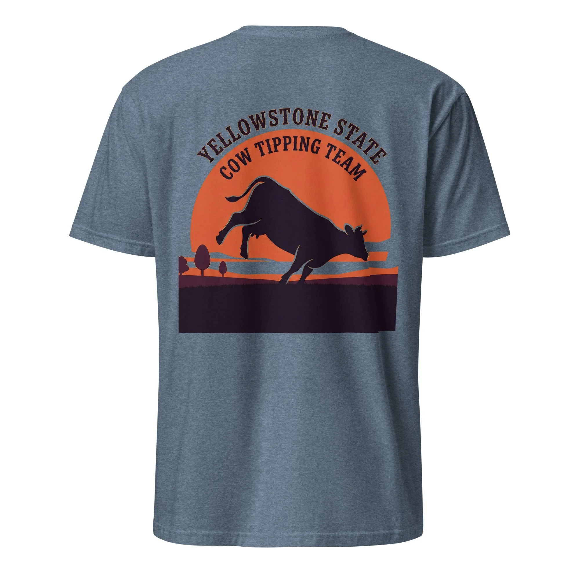 Heather indigo western shirt with Yellowstone State Cow Tipping Team design, bucking cow at sunset, back view