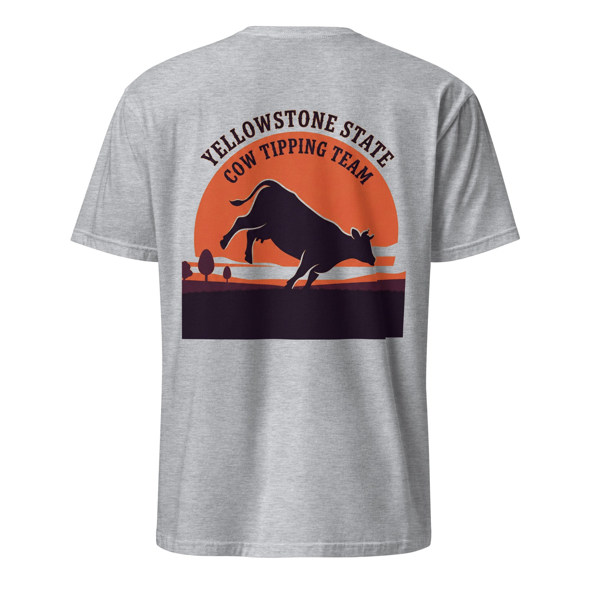 Sport grey western shirt with Yellowstone State Cow Tipping Team design, bucking cow at sunset, back view