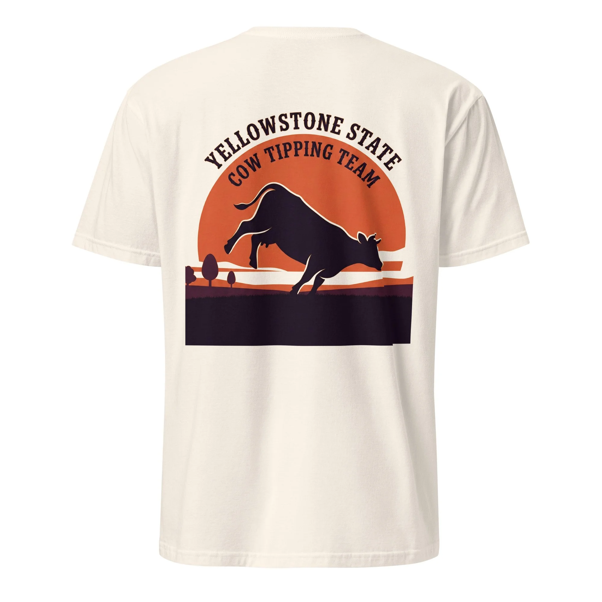 Natural cow tipping shirt with Yellowstone State Cow Tipping Team design, bucking cow at sunset, back view
