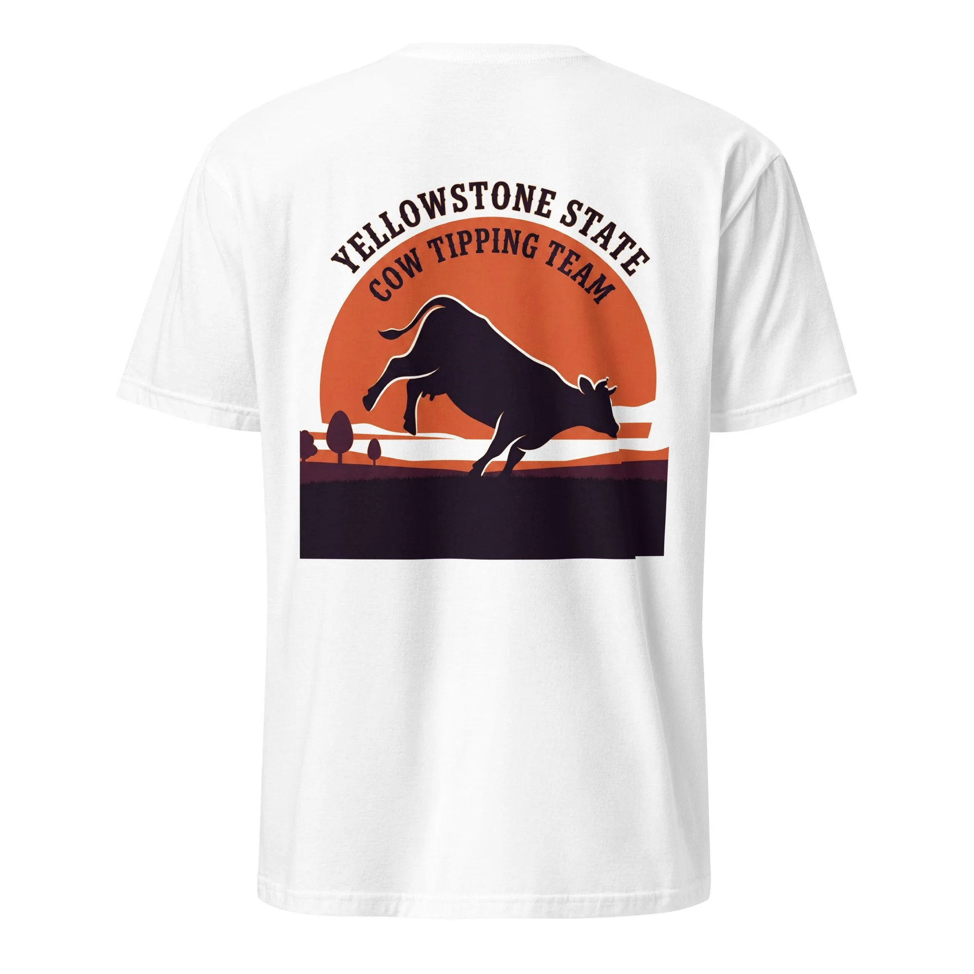 White cow tipping shirt with Yellowstone State Cow Tipping Team design, bucking cow at sunset, back view