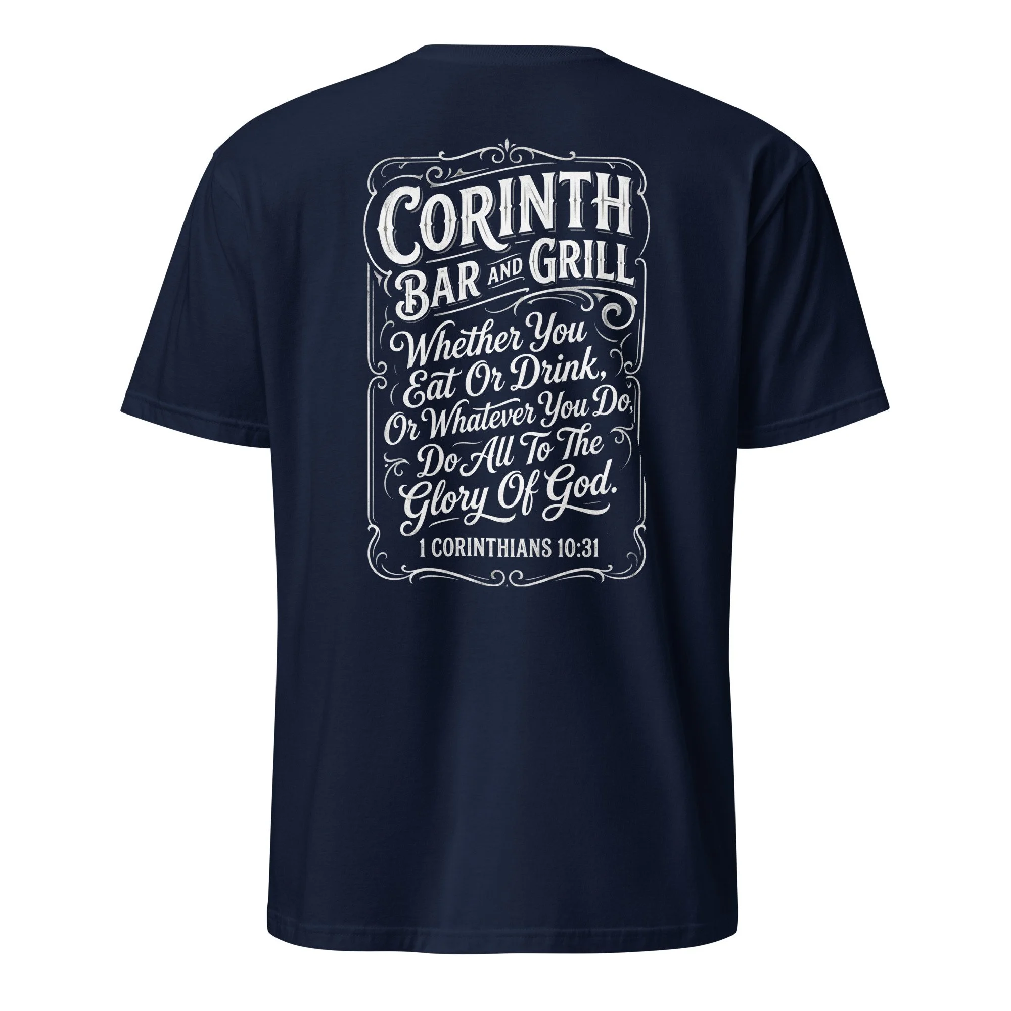 Navy Christian shirt with vintage tavern-style Corinth Bar and Grill design and 1 Corinthians 10:31, back view