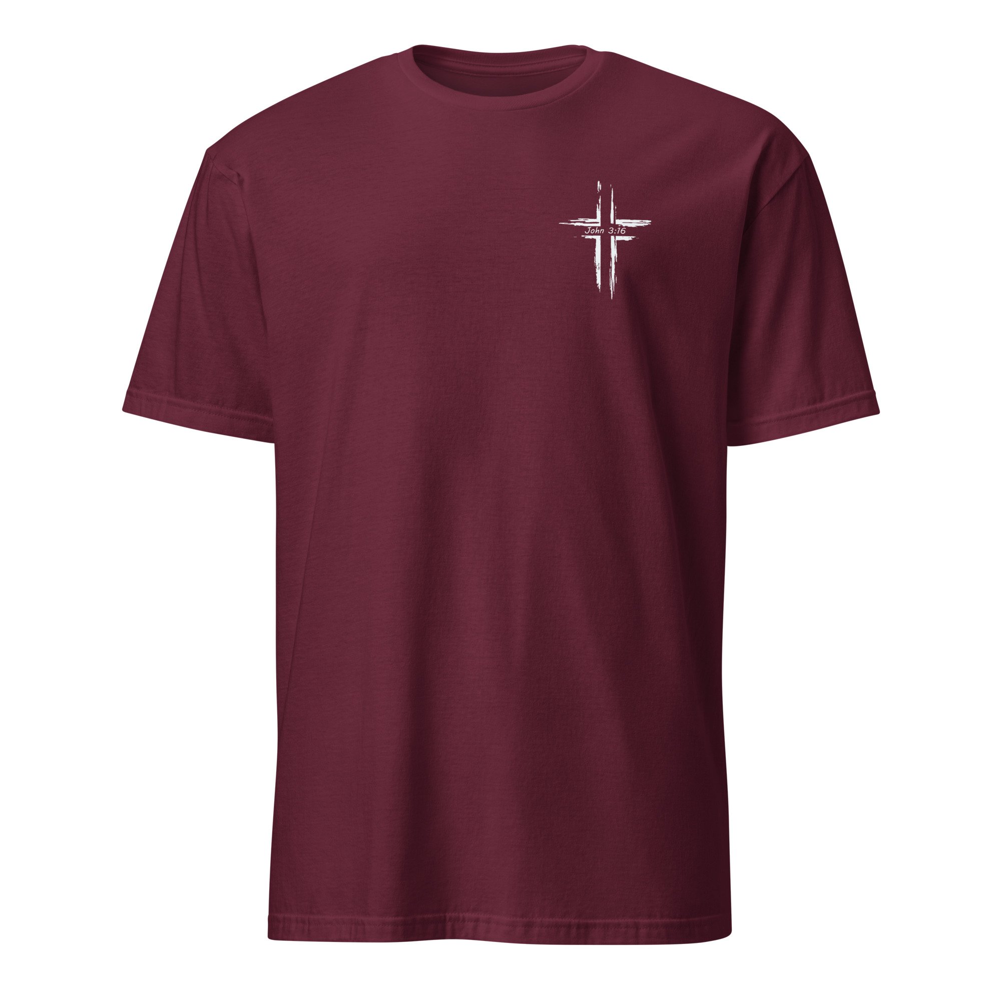 Corinth Bar and Grill shirt in maroon, front view