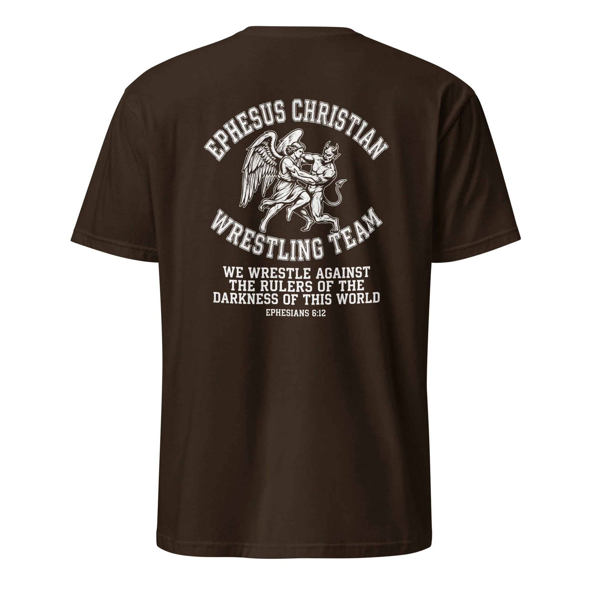 Dark chocolate Christian wrestling shirt with angel wrestling a devil and Ephesians 6:12, back view
