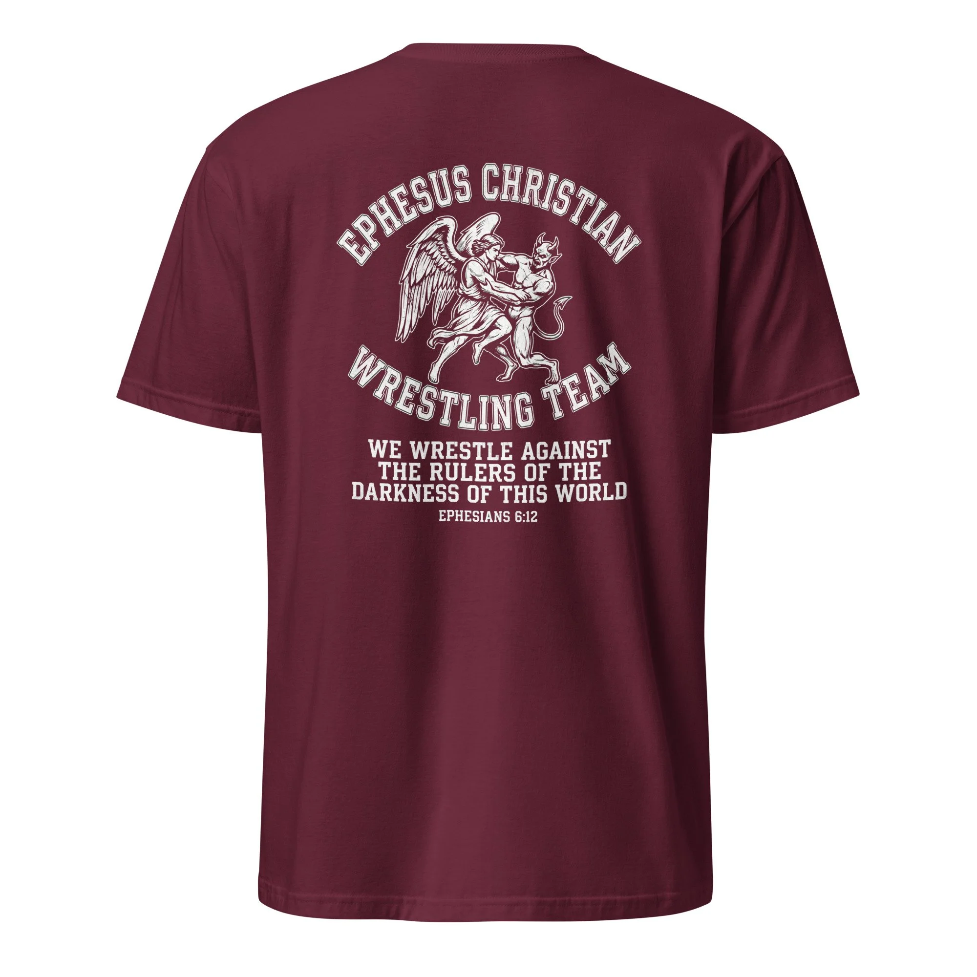 Maroon Bible verse wrestling shirt with angel wrestling a devil and Ephesians 6:12, back view