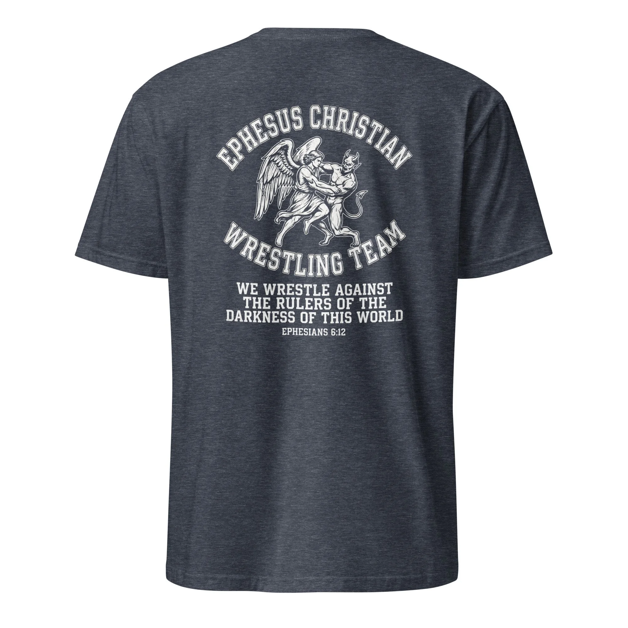 Heather navy Christian wrestling shirt with angel wrestling a devil and Ephesians 6:12, back view