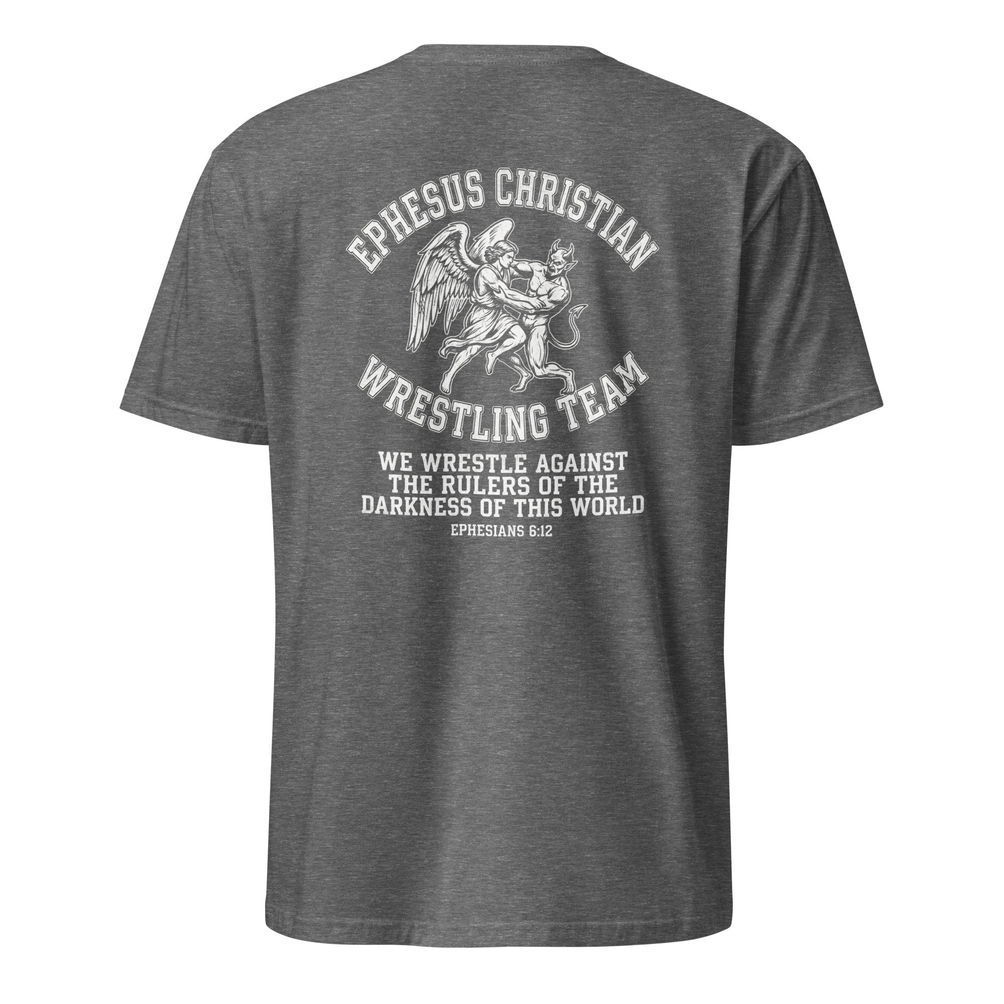 Graphite heather Bible verse wrestling shirt with angel wrestling a devil and Ephesians 6:12, back view