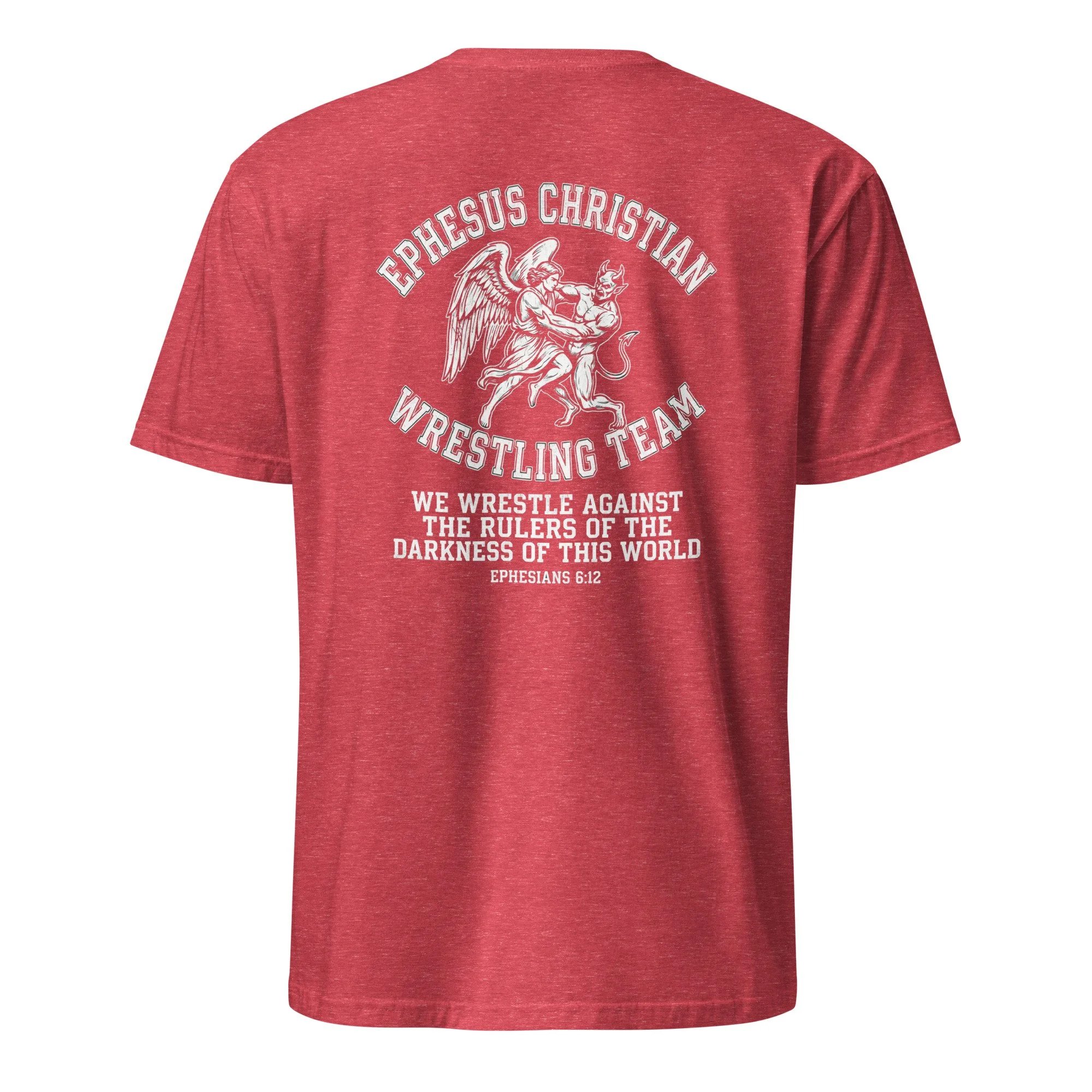 Heather red Christian wrestling shirt with angel wrestling a devil and Ephesians 6:12, back view