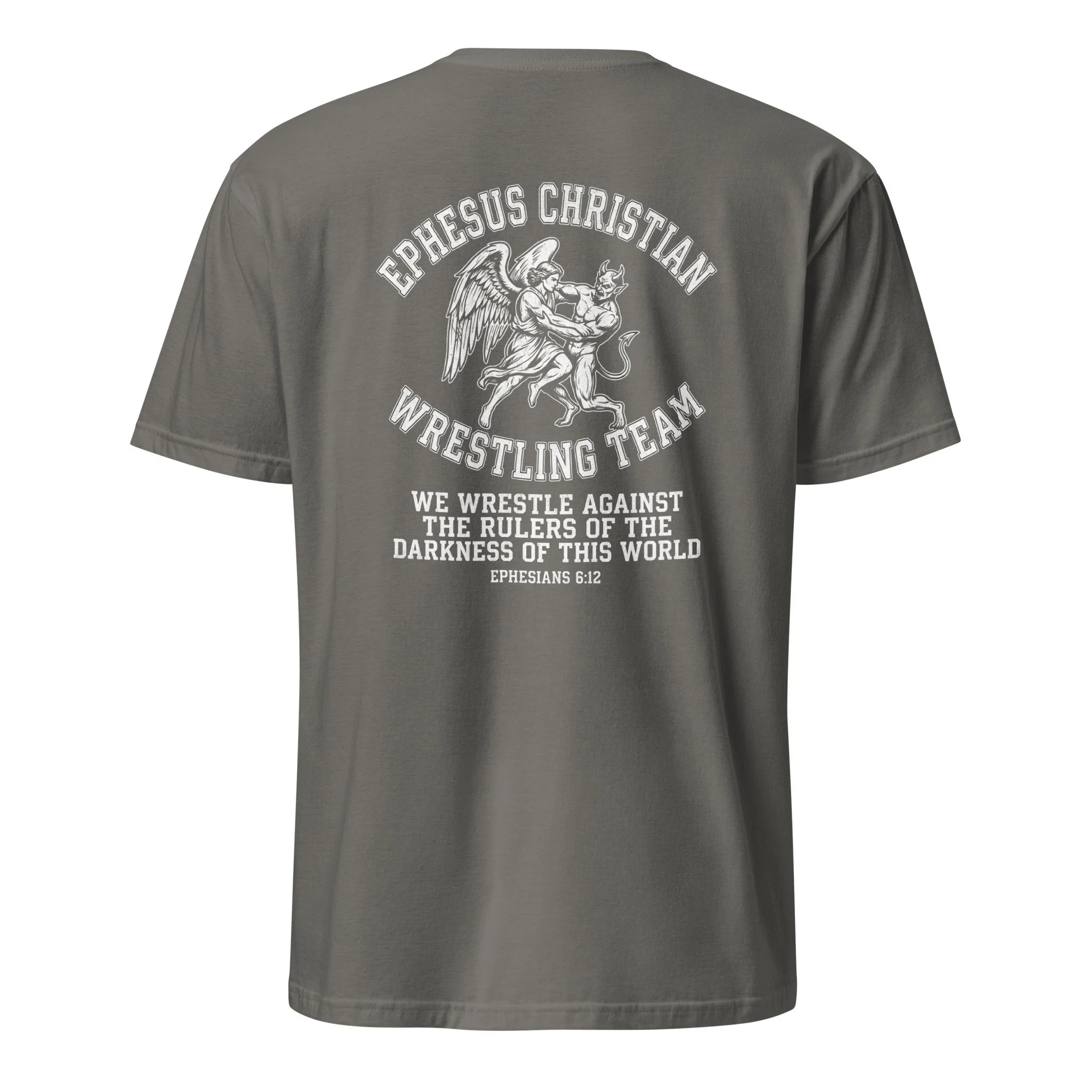 Charcoal Christian wrestling team shirt with angel wrestling a devil and Ephesians 6:12, white print, back view