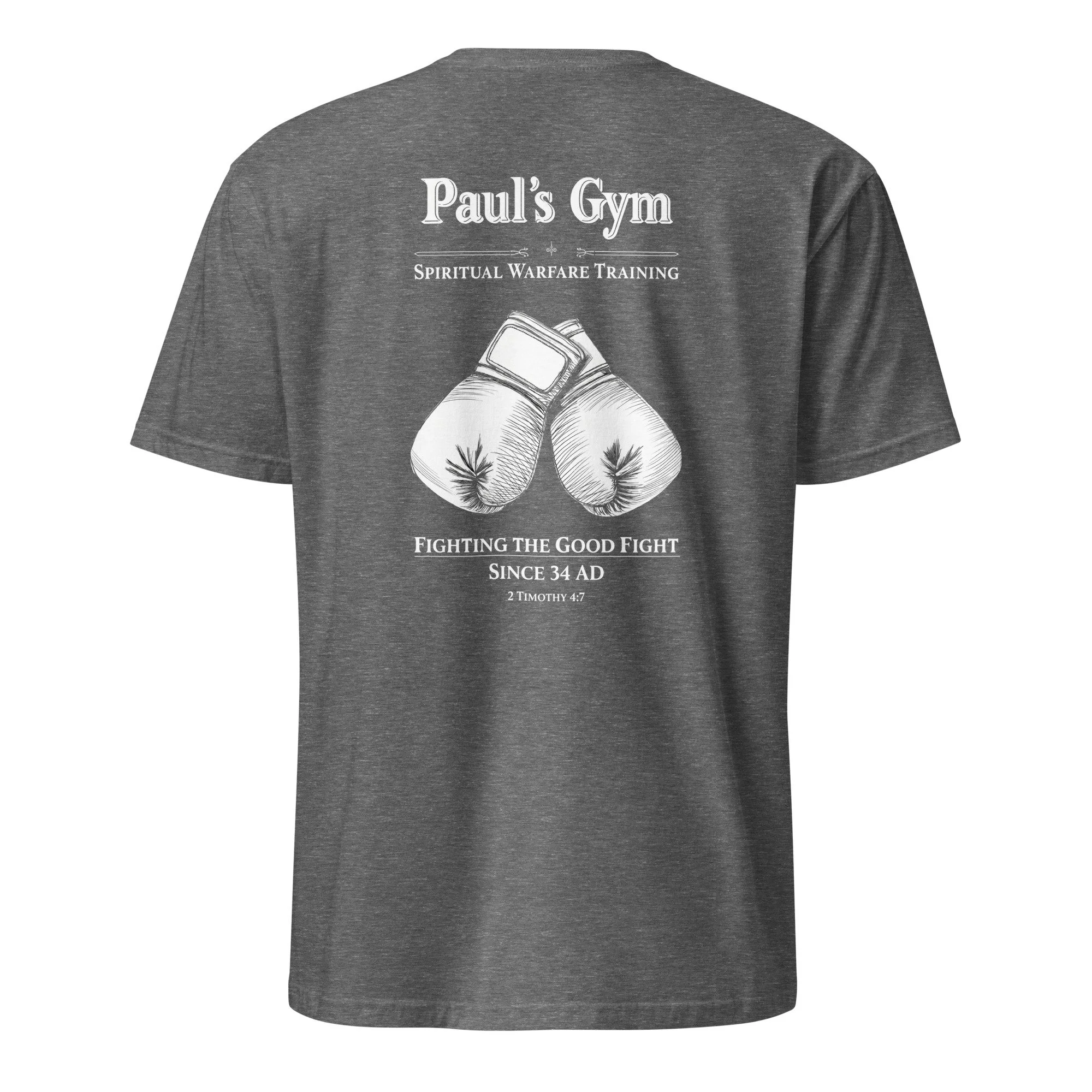 Graphite heather Christian gym shirt with Paul’s Gym boxing gloves and 2 Timothy 4:7, back view