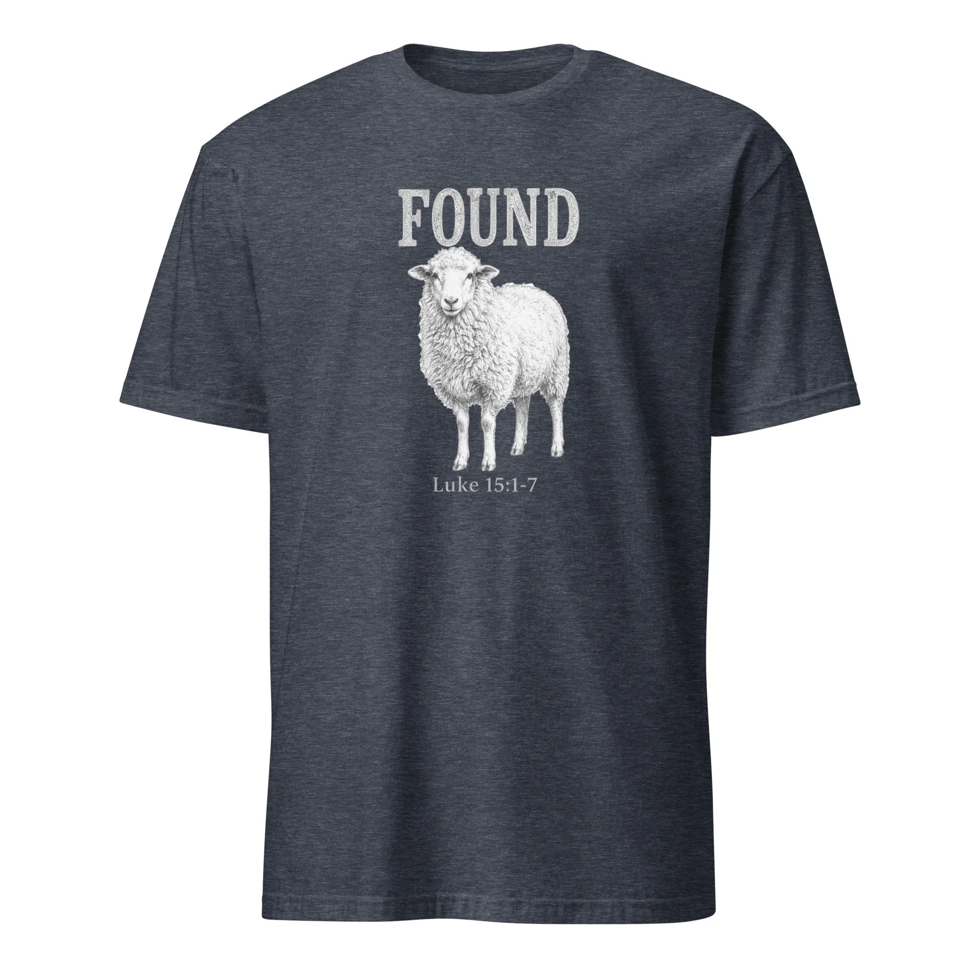 Heather navy Christian Found shirt with lost sheep portrait and Luke 15:1-7, front view