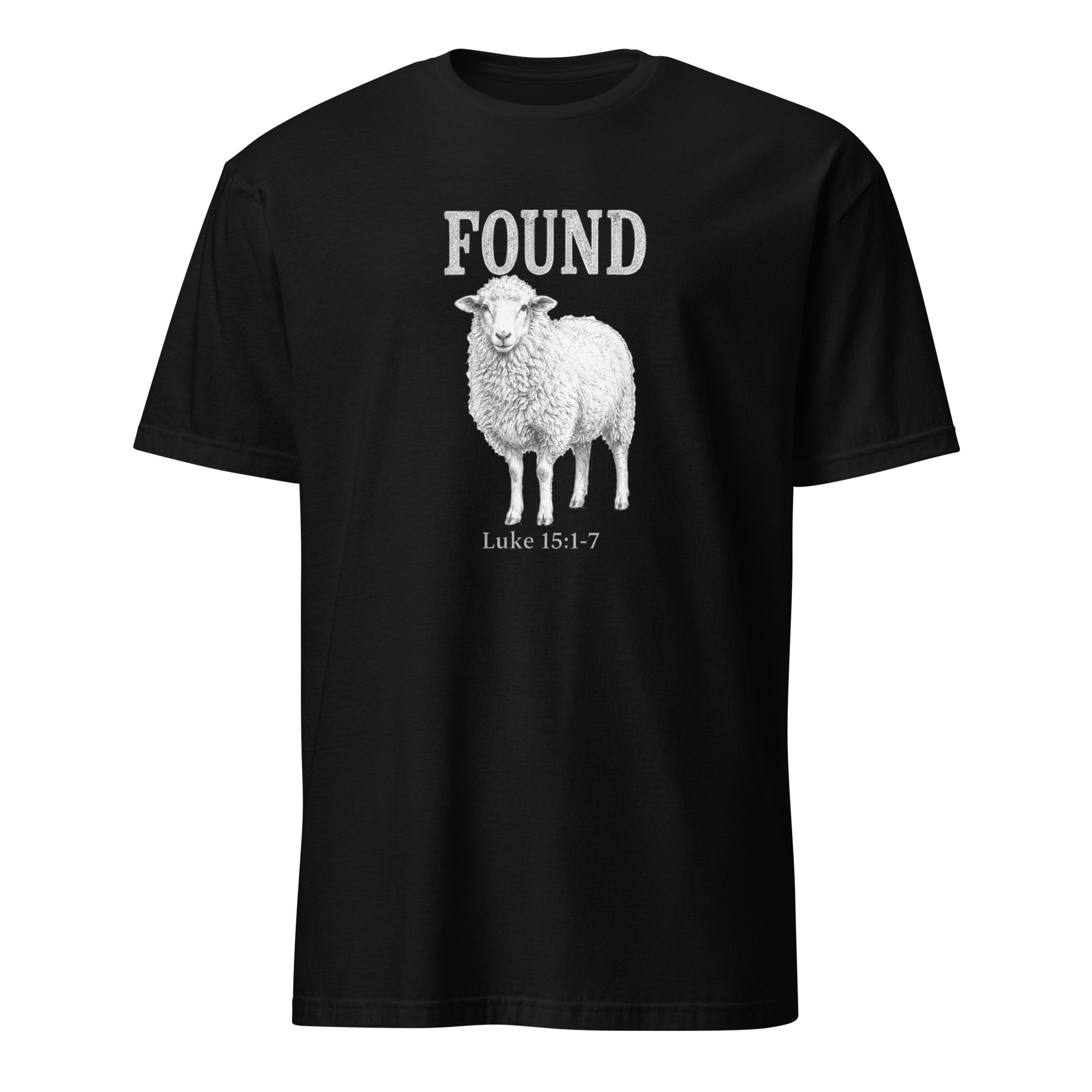 Black Christian Found shirt with lost sheep portrait and Luke 15:1-7, front view