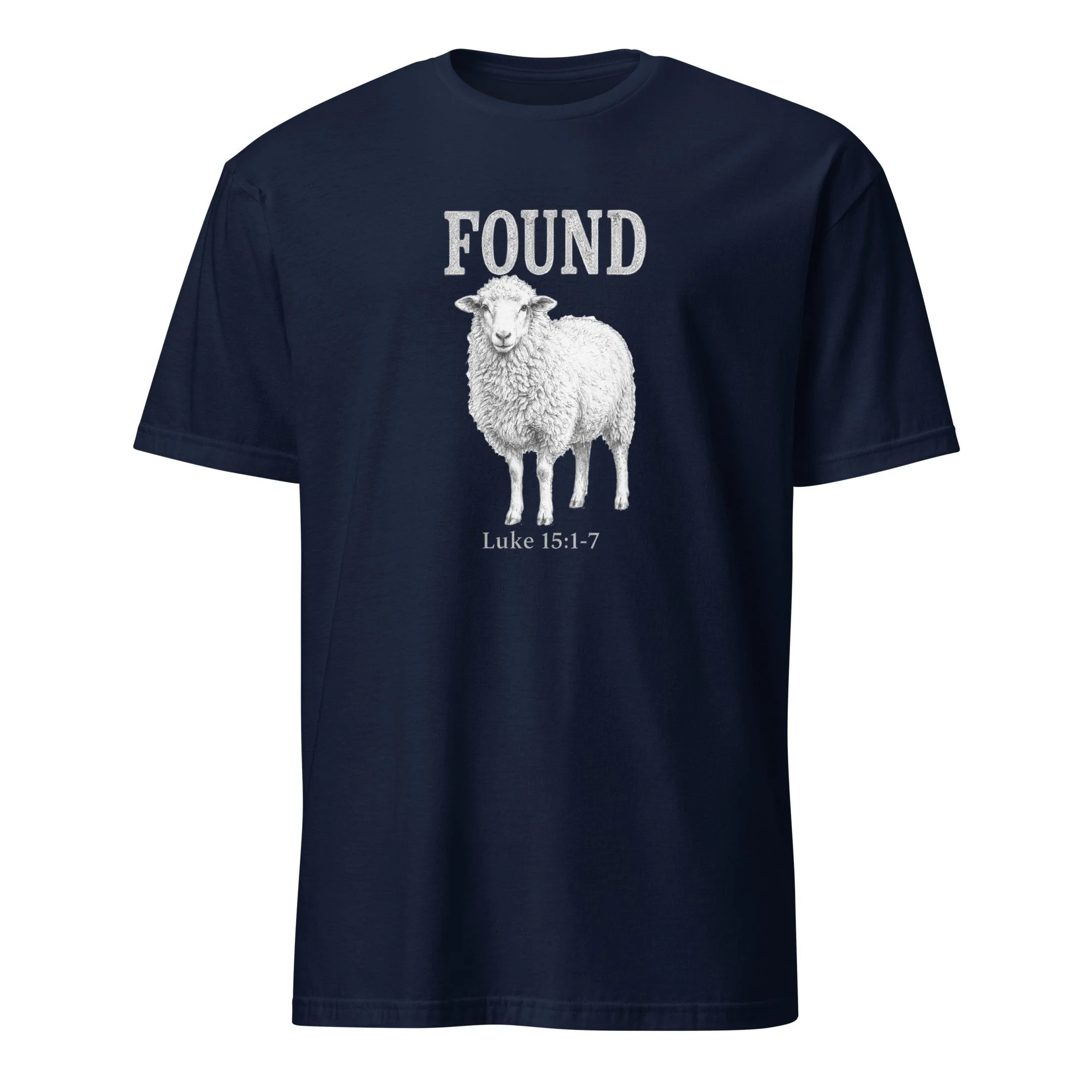 Navy Christian Found shirt with lost sheep portrait and Luke 15:1-7, front view