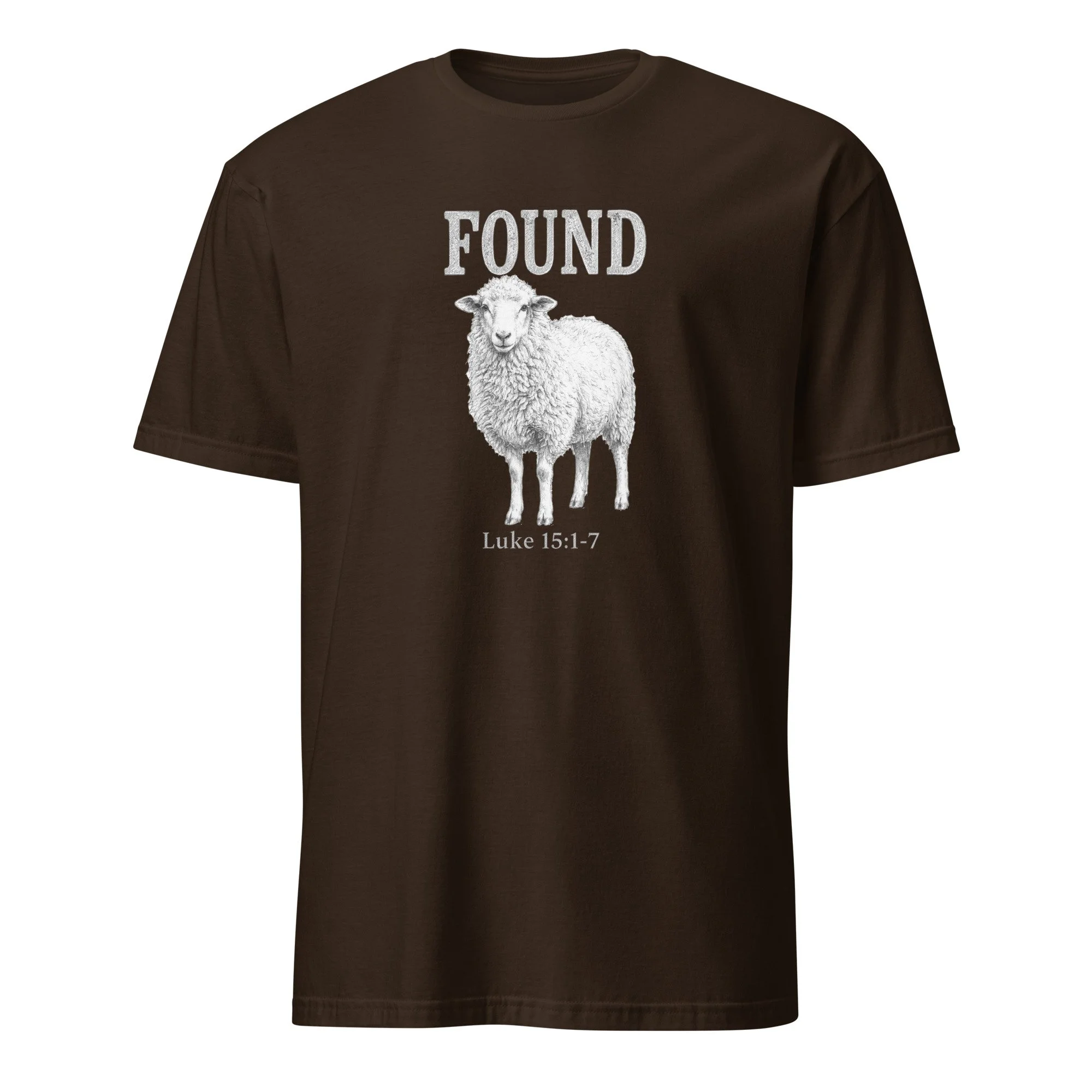 Dark chocolate lost sheep shirt with Found sheep portrait and Luke 15:1-7, front view
